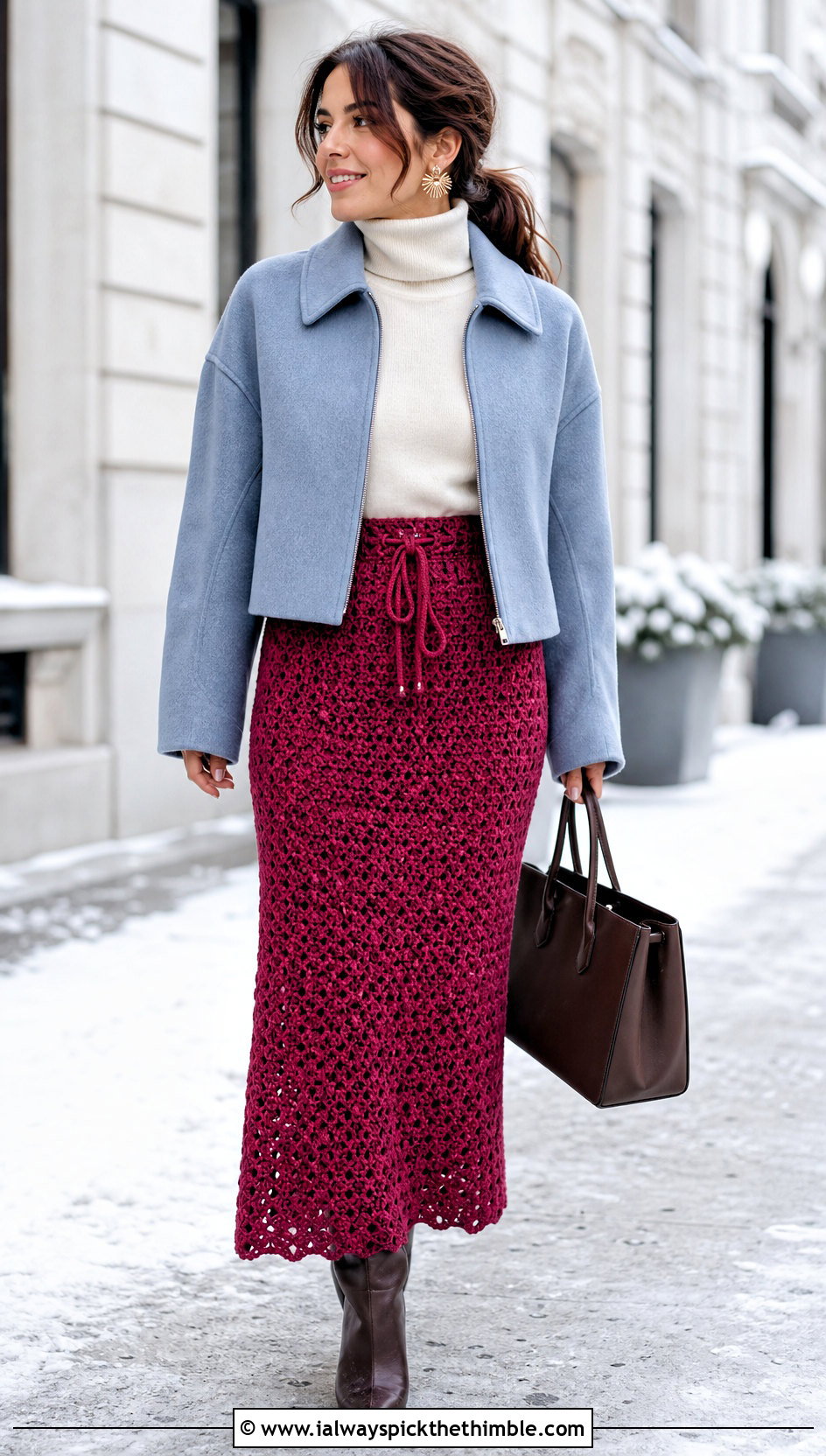 Ribbon Drawstring Crochet Maxi Skirt With Sweater And Tall Boots - 15 Crochet Skirt With Ribbon Detail outfit ideas