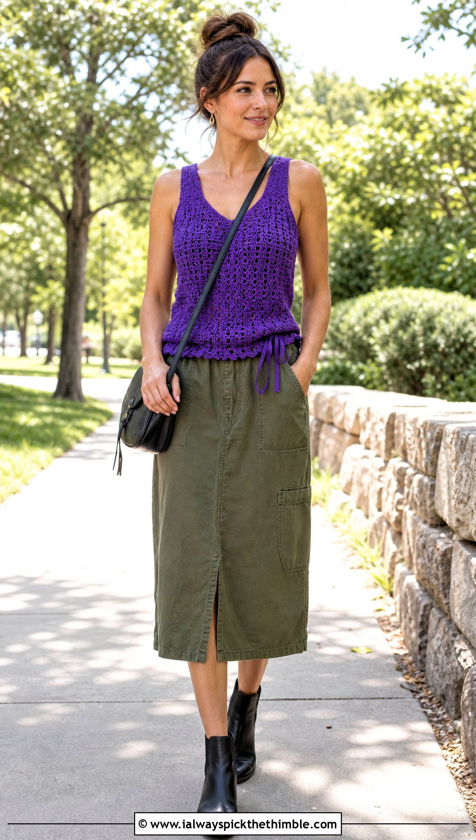 Ribbon Hem Crochet Tank With Utility Midi Skirt - 25 crochet top with ribbon outfit ideas