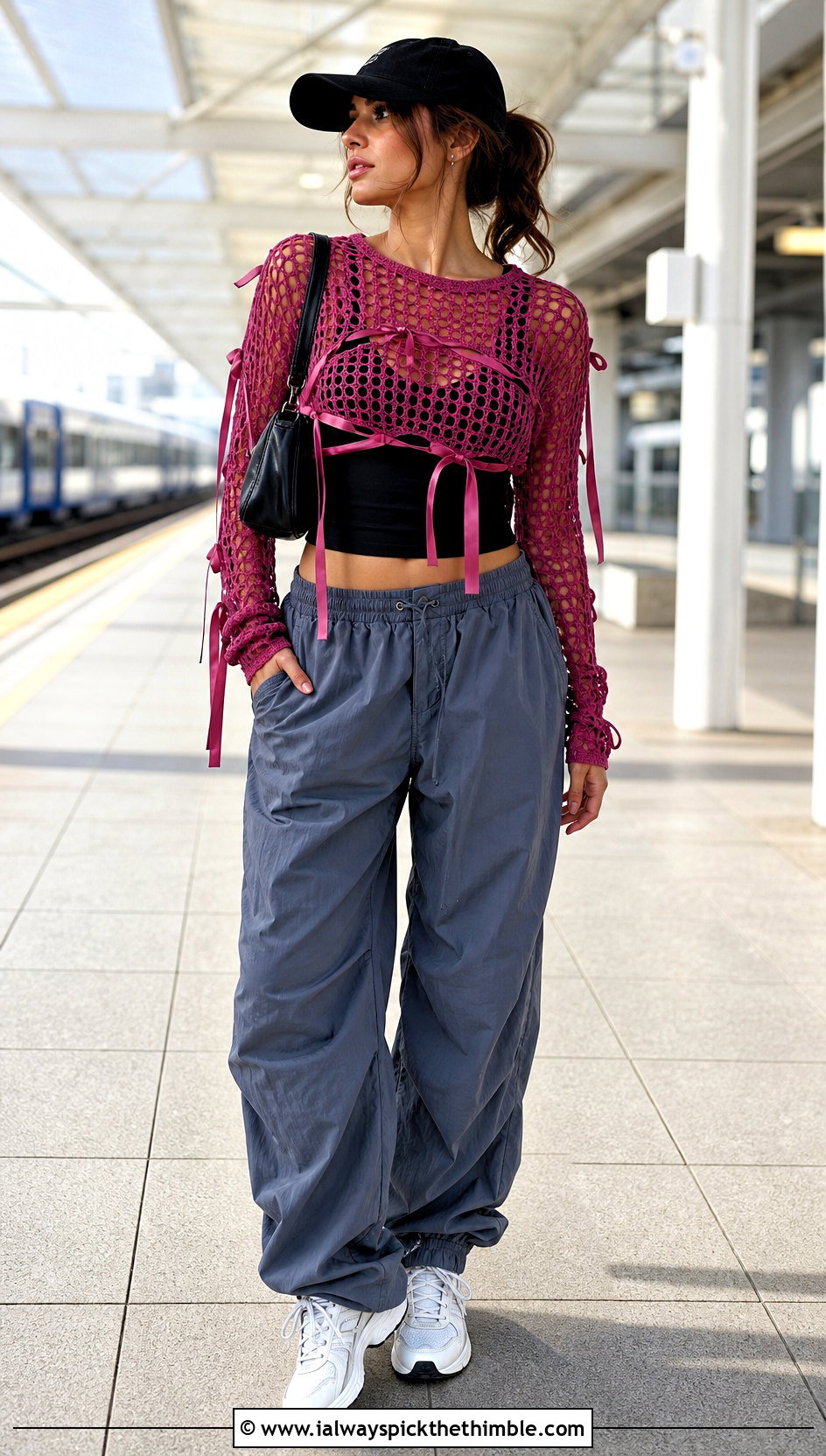 Ribbon Laced Crochet Mesh Top With Sports Bra And Joggers - 25 crochet top with ribbon outfit ideas