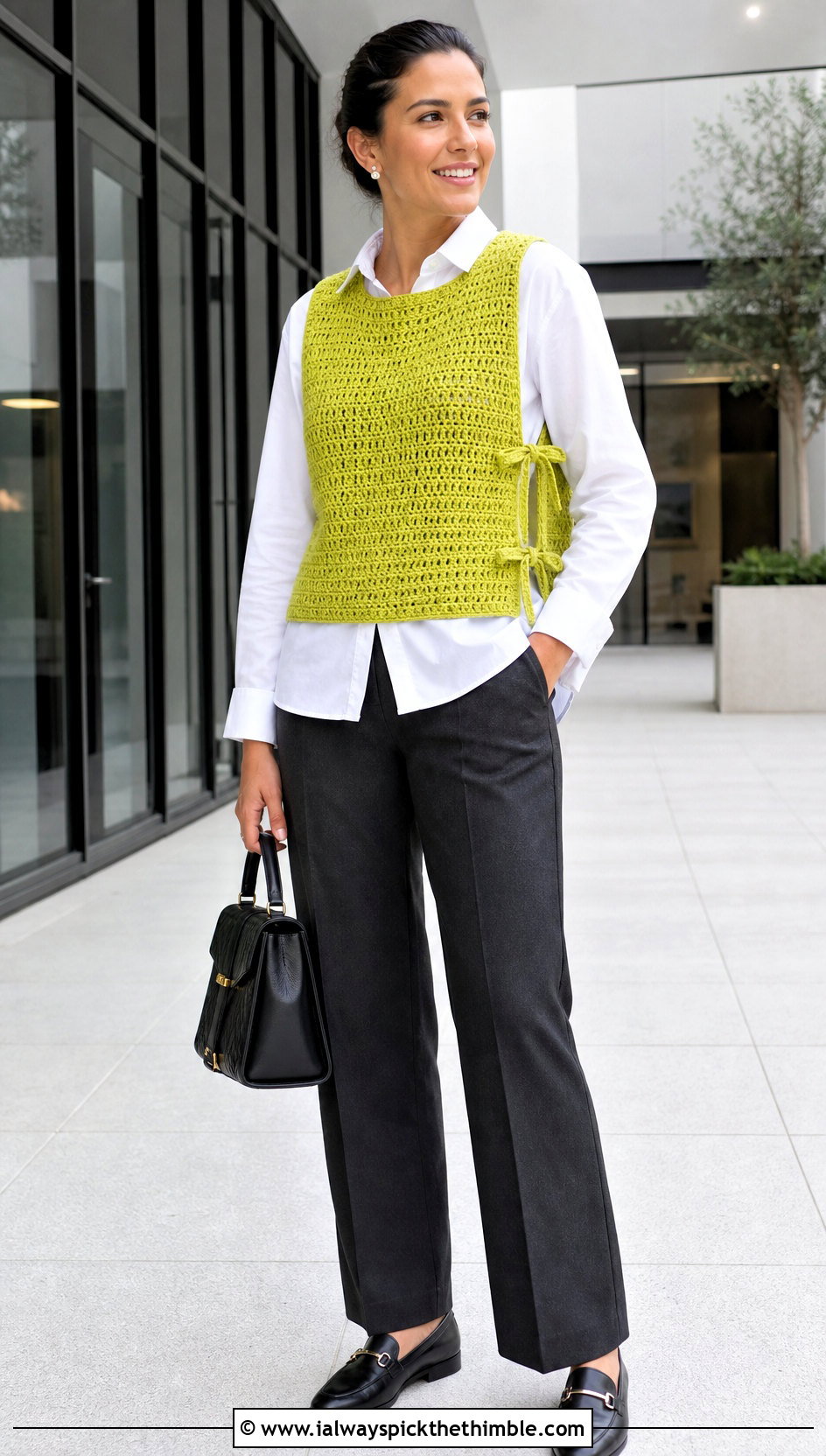 Ribbon Side Tie Crochet Vest With Button Down Shirt - 25 crochet top with ribbon outfit ideas