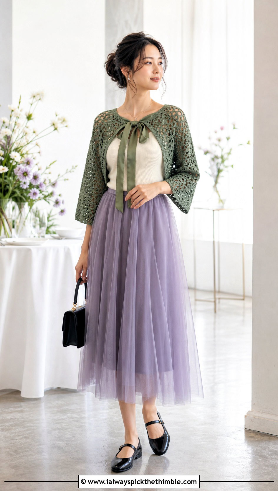 Ribbon Tie Crochet Bolero With Tulle Midi Skirt - 25 crochet bolero outfit ideas