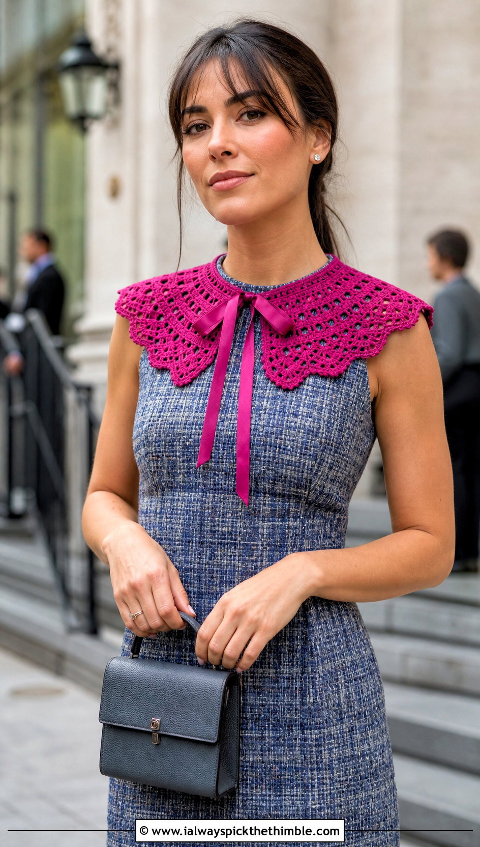Ribbon Tie Crochet Doll Collar With Tweed Shift Dress - 20 Crochet Doll Collar outfit ideas