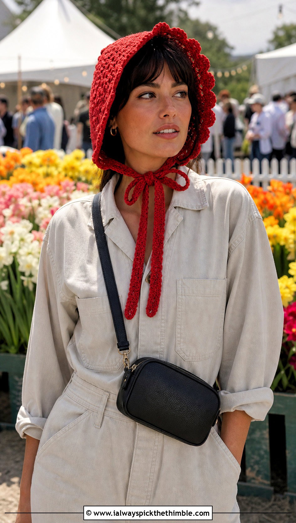 Ribbon Tie Crochet Easter Bonnet With Utility Jumpsuit - 20 crochet easter bonnet outfit ideas