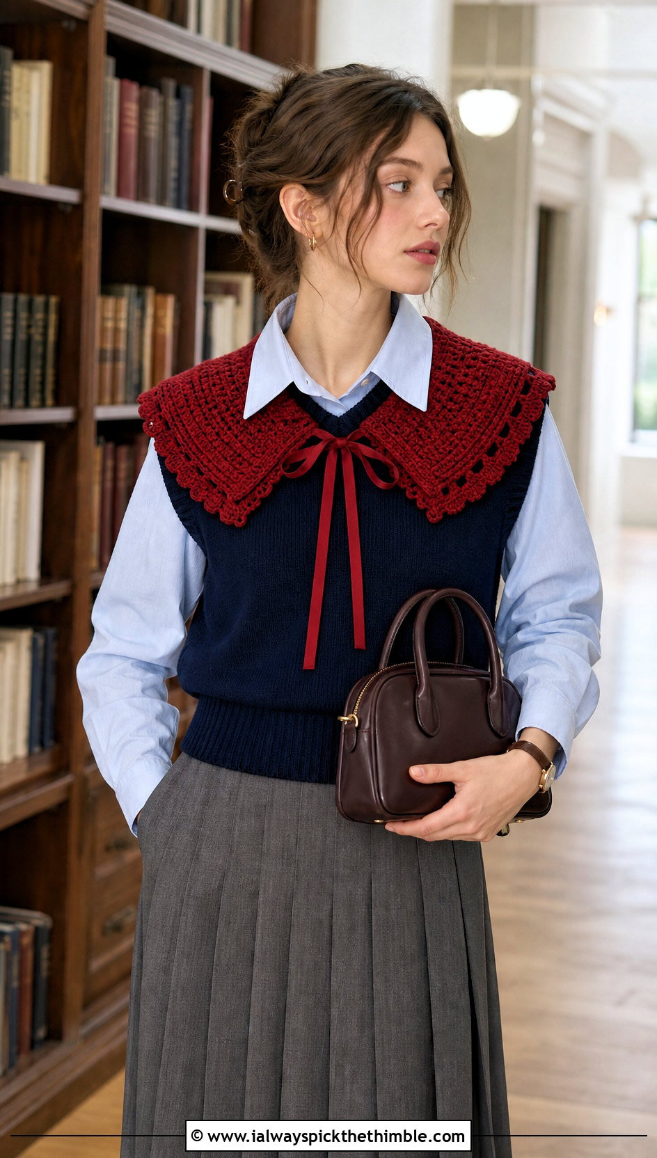 Ribbon Tie Crochet Sailor Collar With Sweater Vest And Shirt - 20 crochet sailor collar outfit ideas