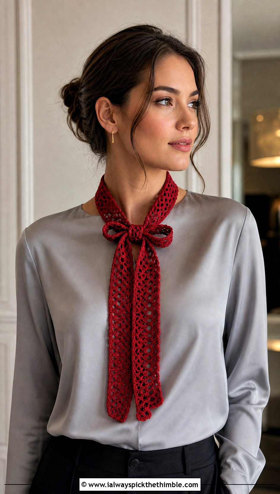 Ribbon Tie Crochet Scarf With Satin Blouse - 15 Dainty Crochet Scarf outfit ideas