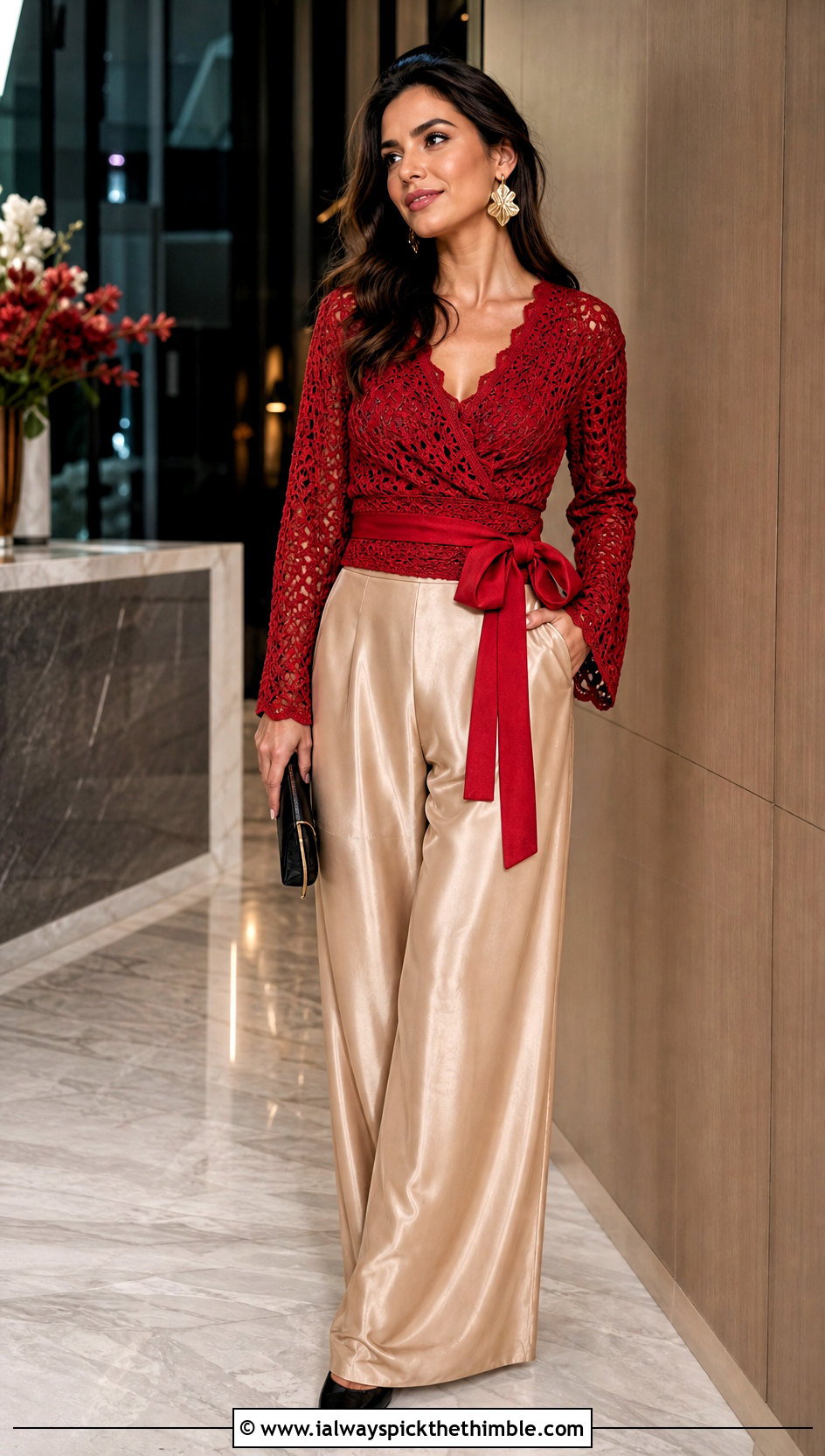 Ribbon Tie Crochet Wrap Top With Satin Pants - 25 crochet top with ribbon outfit ideas