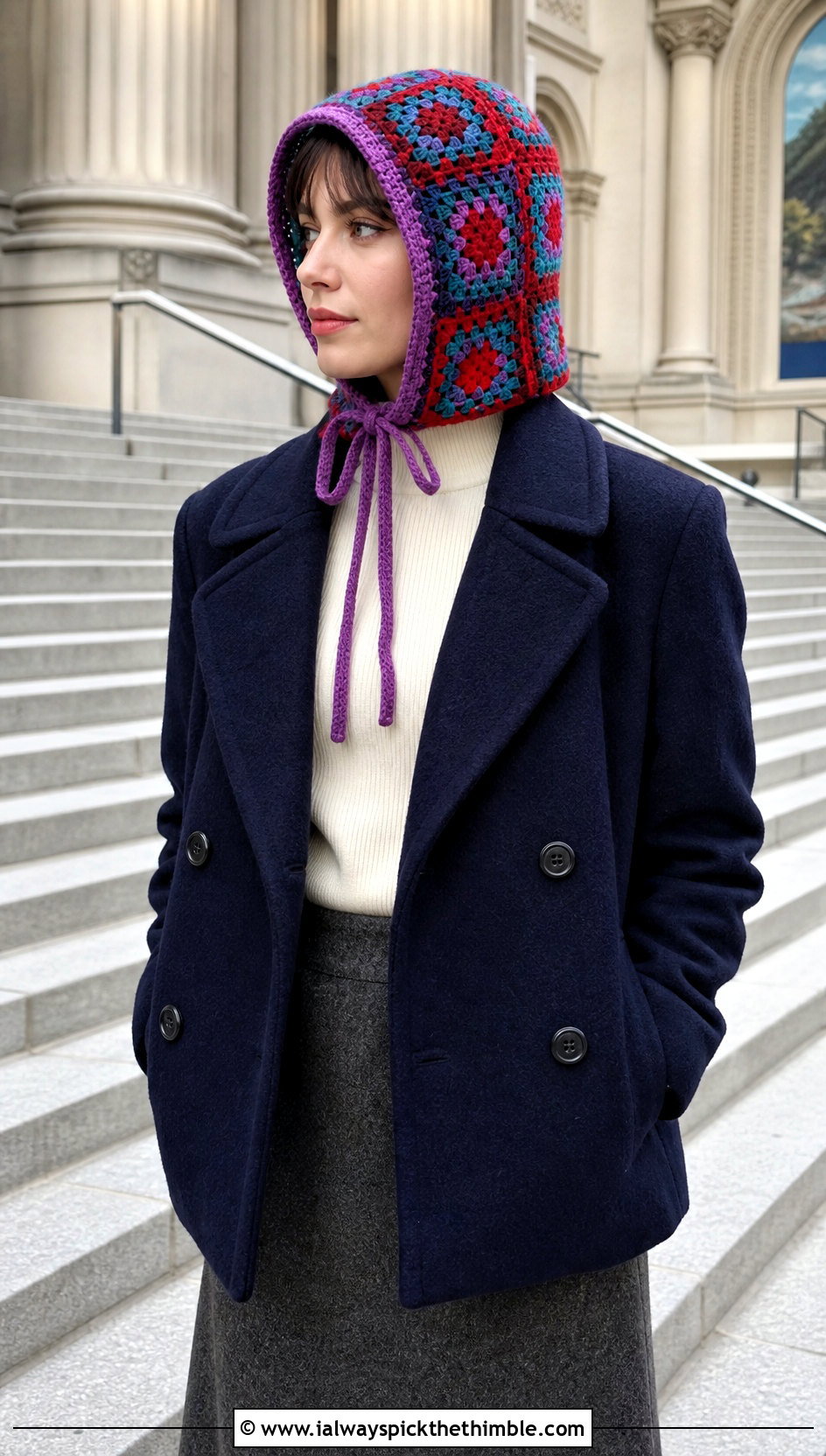 Ribbon Tie Granny Square Balaclava With Peacoat And Midi Skirt - 25 granny square balaclava outfit ideas