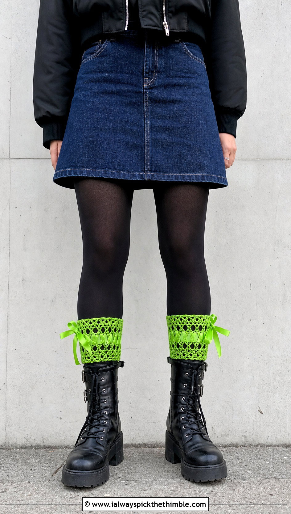 Ribbon Tie Lace Boot Cuffs With Denim Skirt And Combat Boots - 15 Crochet Lace Boot Cuffs outfit ideas