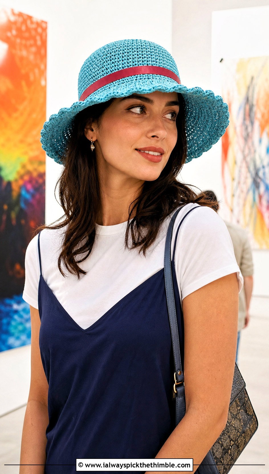 Ribbon Trim Floppy Crochet Hat With Slip Dress - 20 floppy crochet hat outfit ideas