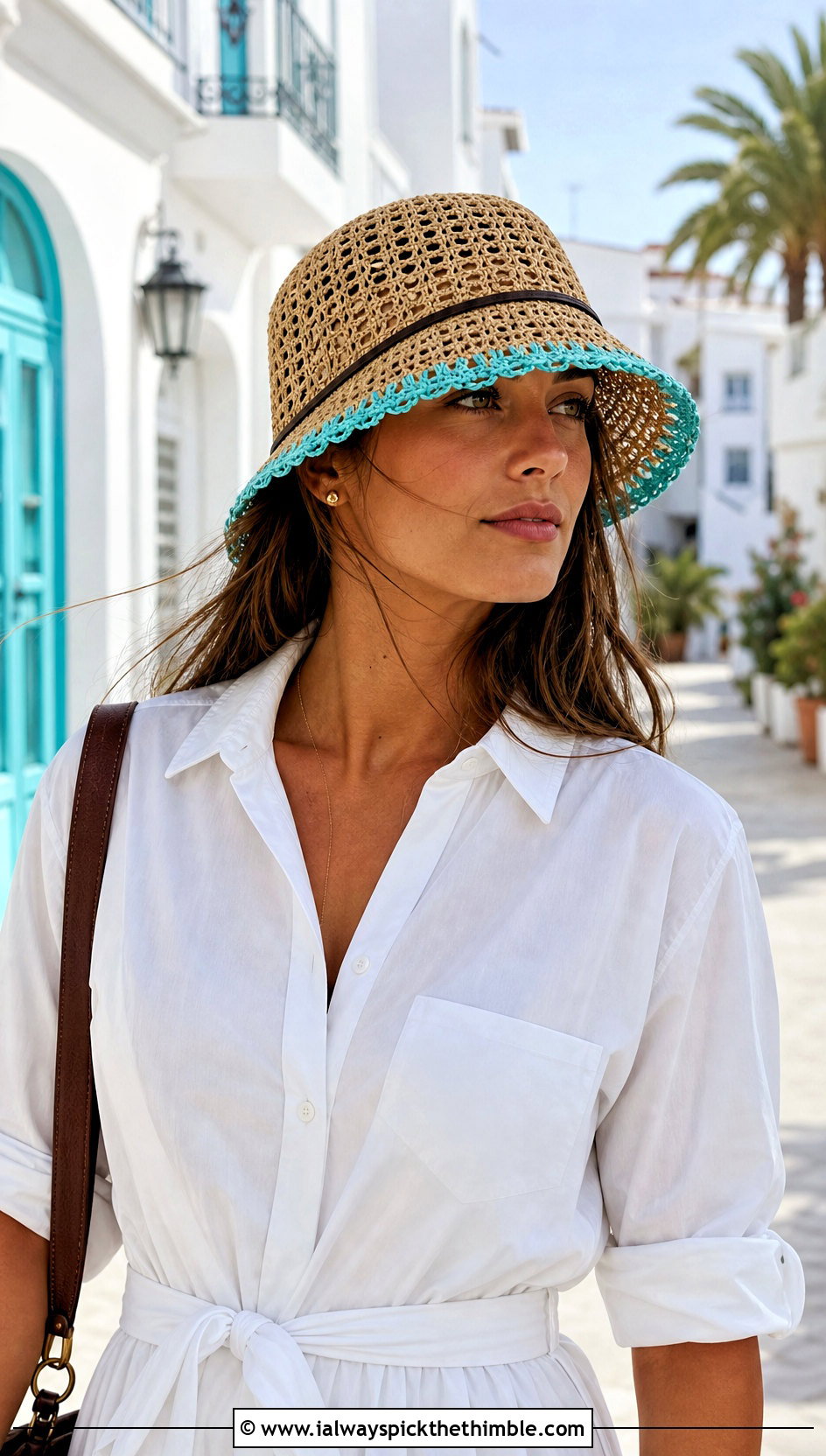 Ribbon Trim Straw Crochet Bucket Hat With Shirt Dress - 20 Straw Crochet Bucket Hat outfit ideas