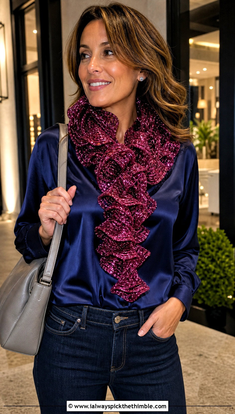 Ribbon Yarn Crochet Ruffle Scarf With Satin Blouse And Jeans - 20 crochet ruffle scarf outfit ideas