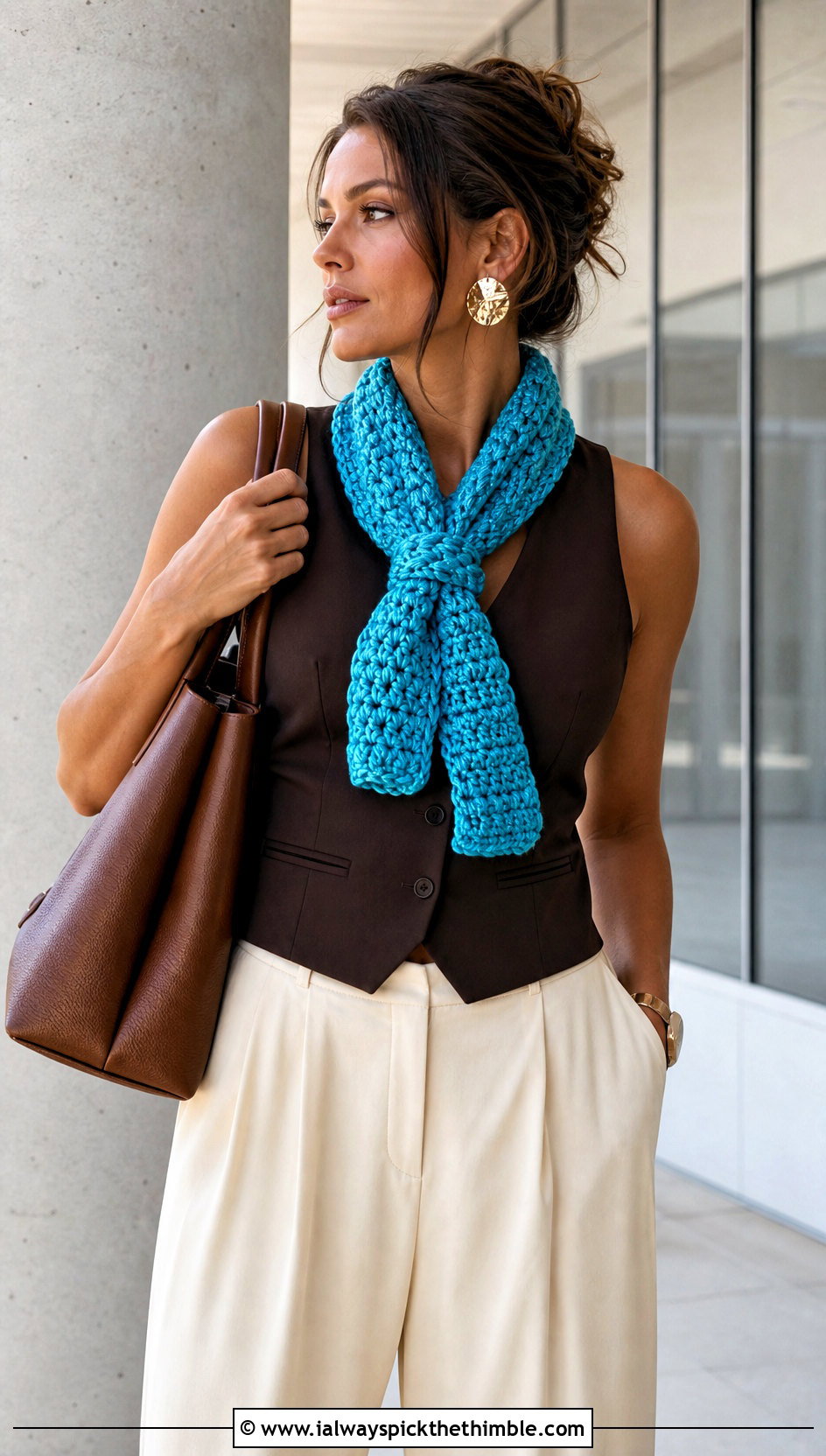 Ribbon Yarn Scarf With Waistcoat And Trousers - 20 crochet summer scarf outfit ideas