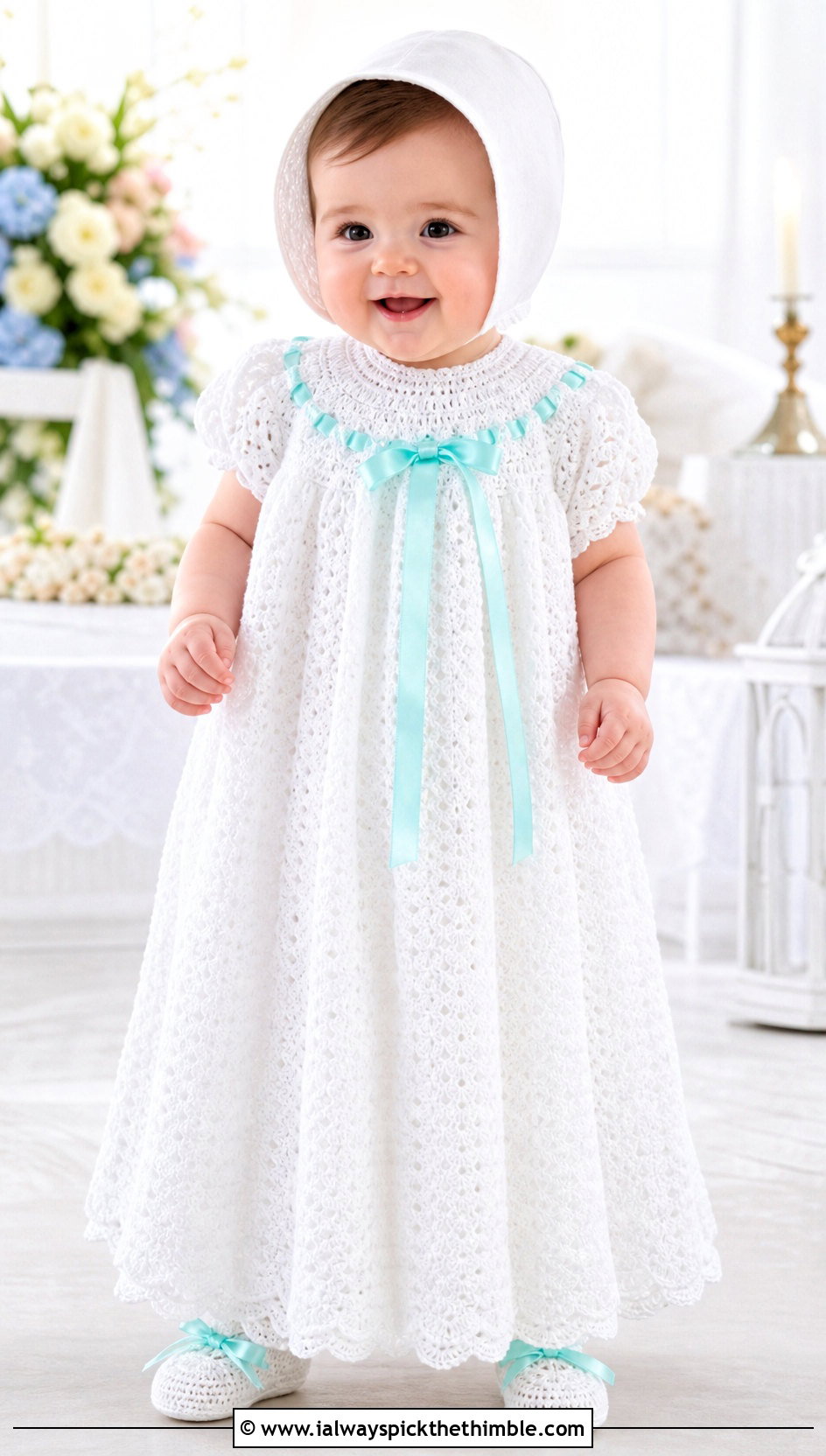 Ribbon Yoke Crochet Baptism Gown With Soft Baby Booties - 15 Crochet Baptism Gown outfit ideas