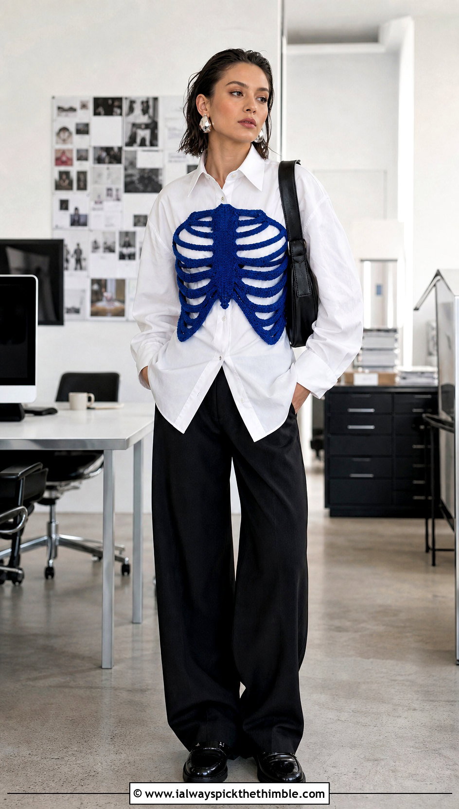 Ribcage Crochet Skeleton Corset With White Shirt - 15 crochet skeleton corset outfit ideas