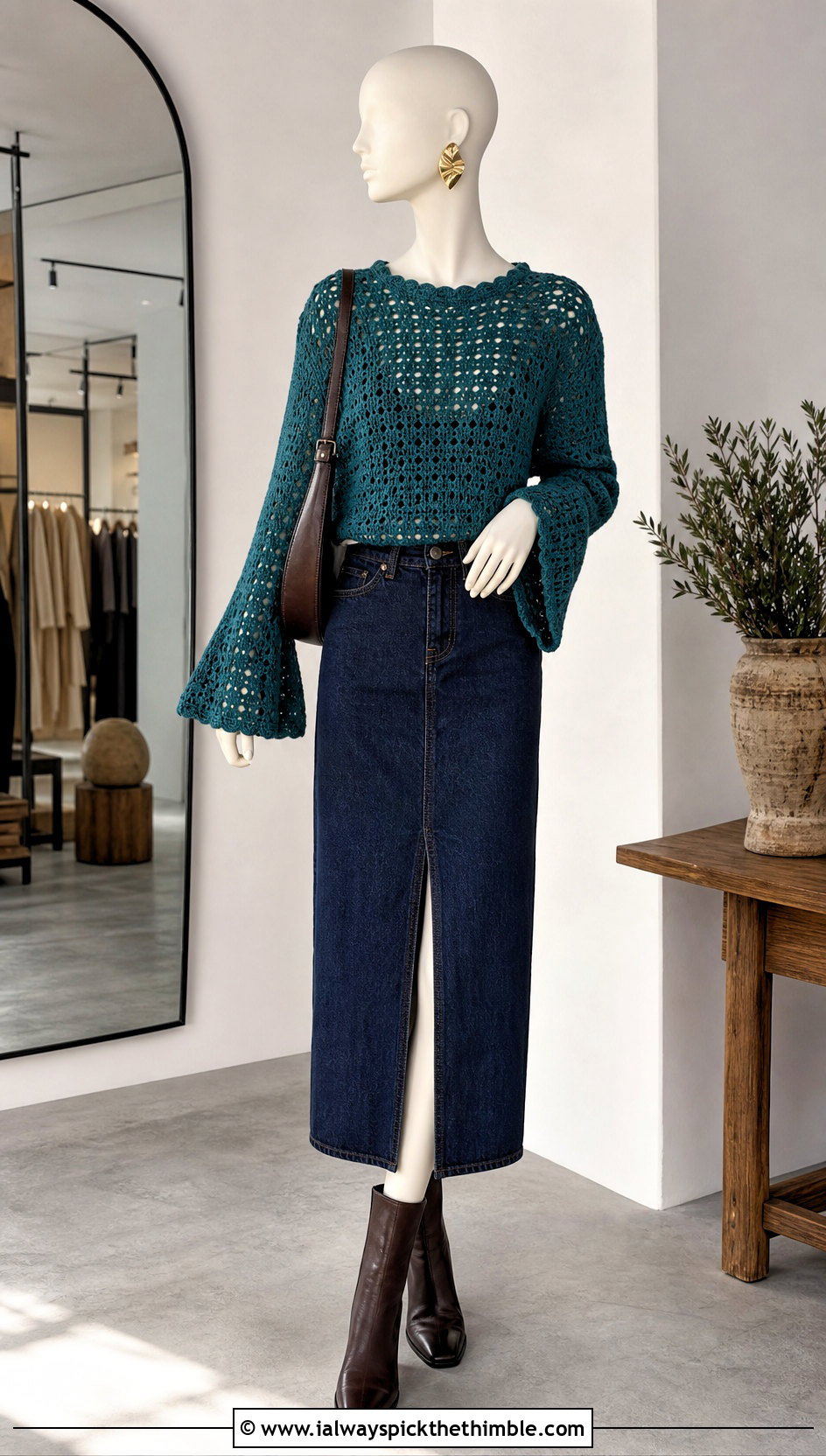 Rich Teal Bell Sleeve Crochet Sweater With Denim Midi Skirt - 15 Green Crochet Sweater On Mannequin outfit ideas