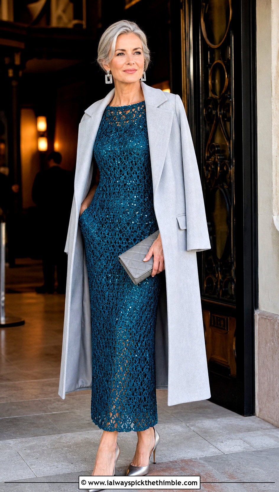 Rich Teal Crochet Sequin Column Dress With Tailored Coat - 25 crochet sequin dress outfit ideas