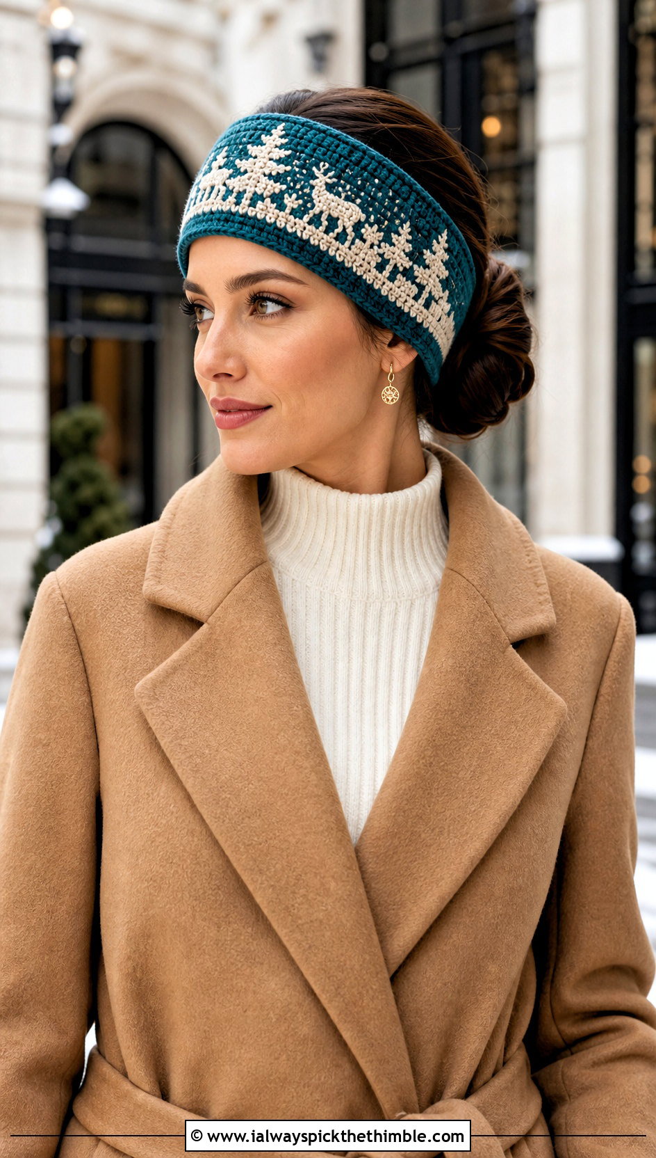 Rich Teal Mosaic Crochet Winter Wonderland Headband With Camel Coat - 15 Mosaic Crochet Winter Wonderland Headband outfit ideas