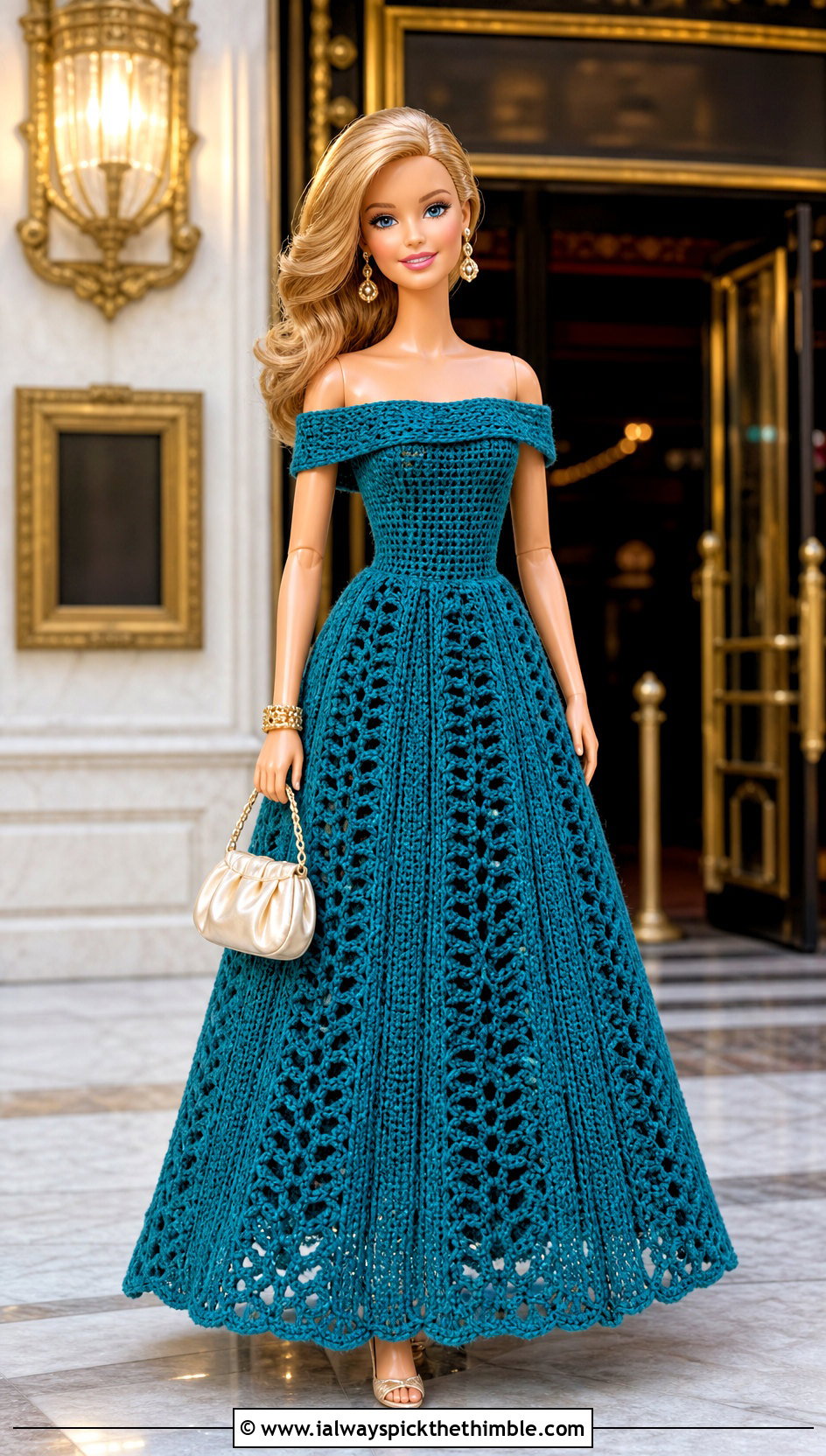 Rich Teal Off Shoulder Crochet Barbie Ball Gown - 20 crochet barbie ball gowns outfit ideas