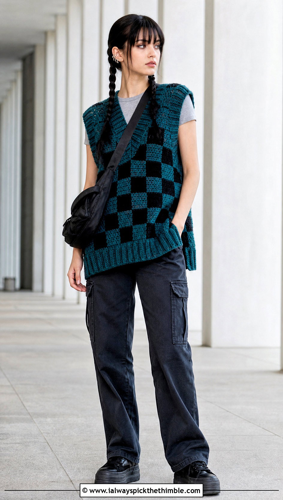 Rich Teal Oversized Crochet Wednesday Addams Vest With Cargo Pants - 15 Crochet Wednesday Addams Vest outfit ideas