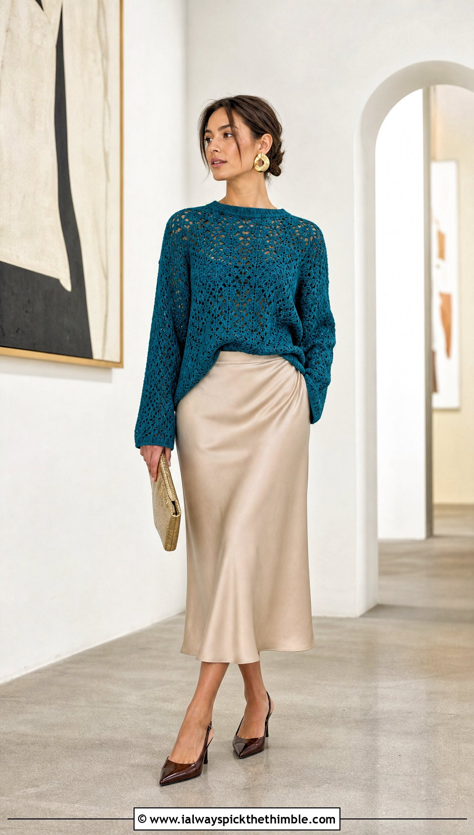 Rich Teal Sunset Crochet Sweater With Satin Midi Skirt - 20 Sunset Crochet Sweater outfit ideas