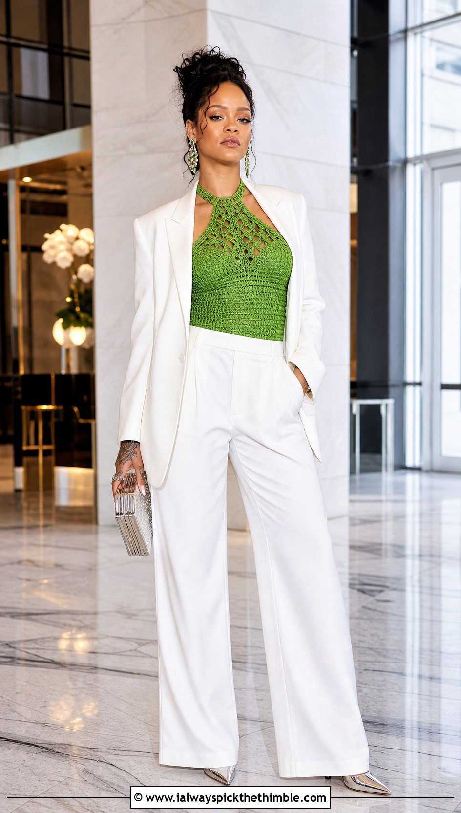 Rihanna Crochet Halter Top With White Pantsuit - 20 Celebrities Crochet Outfit ideas