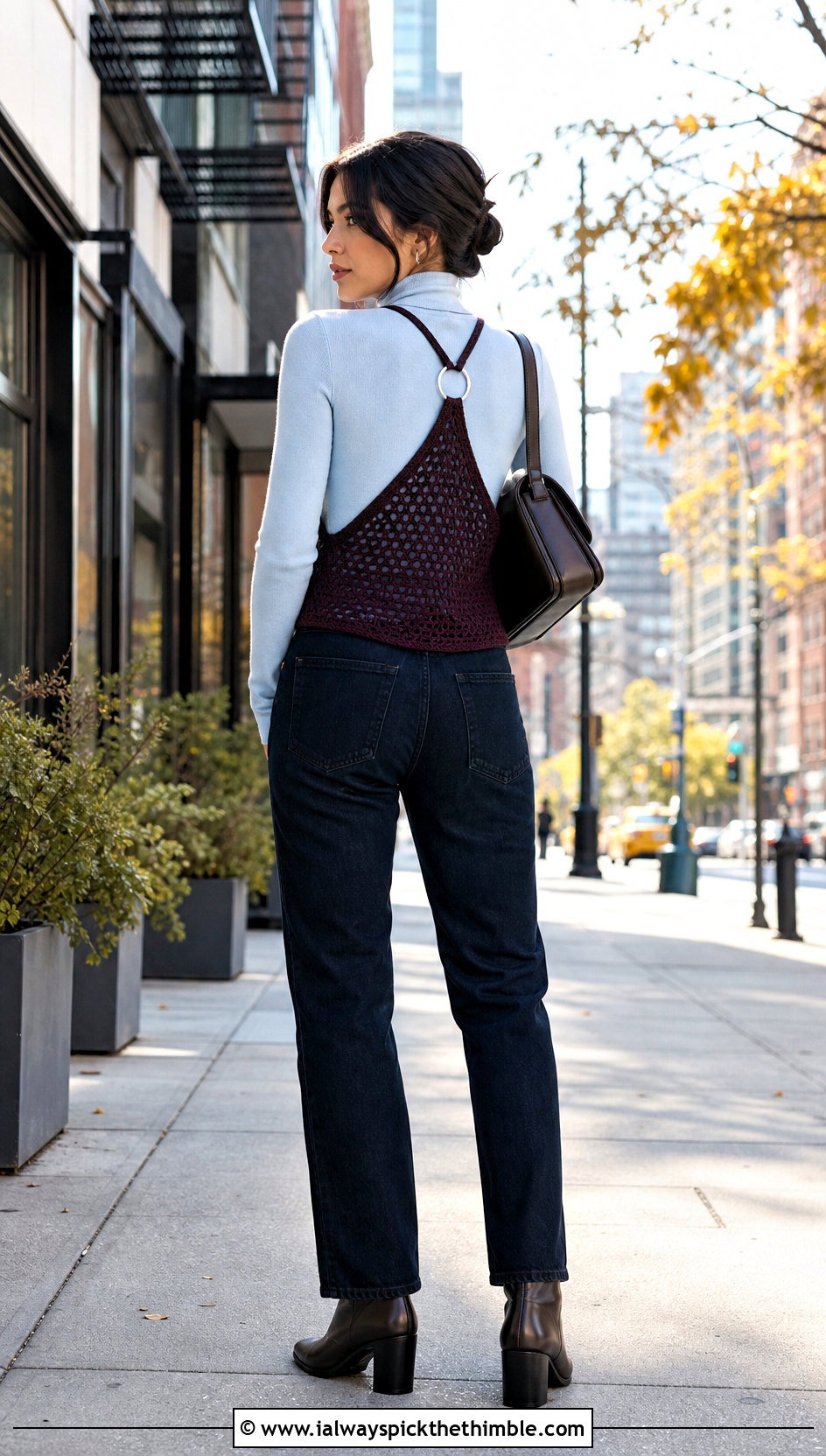 Ring Back Crochet Halter Top Over A Turtleneck - 20 Crochet Top With Metal Ring outfit ideas