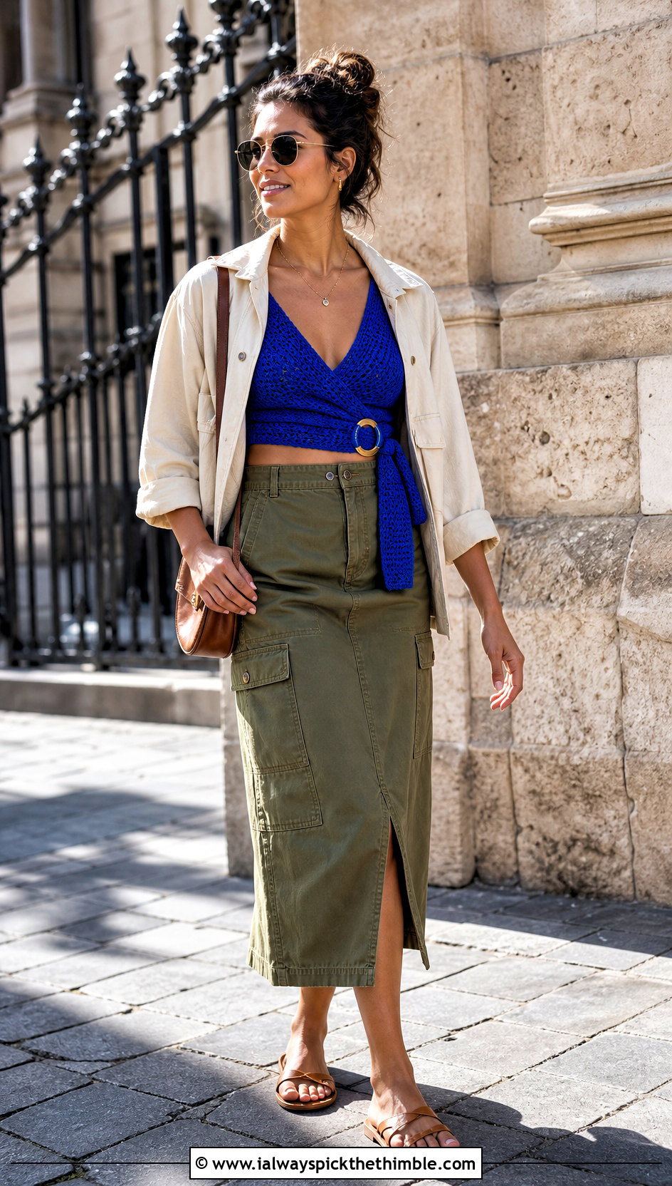 Ring Buckle Crochet Wrap Top With Utility Midi Skirt - 20 Crochet Top With Metal Ring outfit ideas
