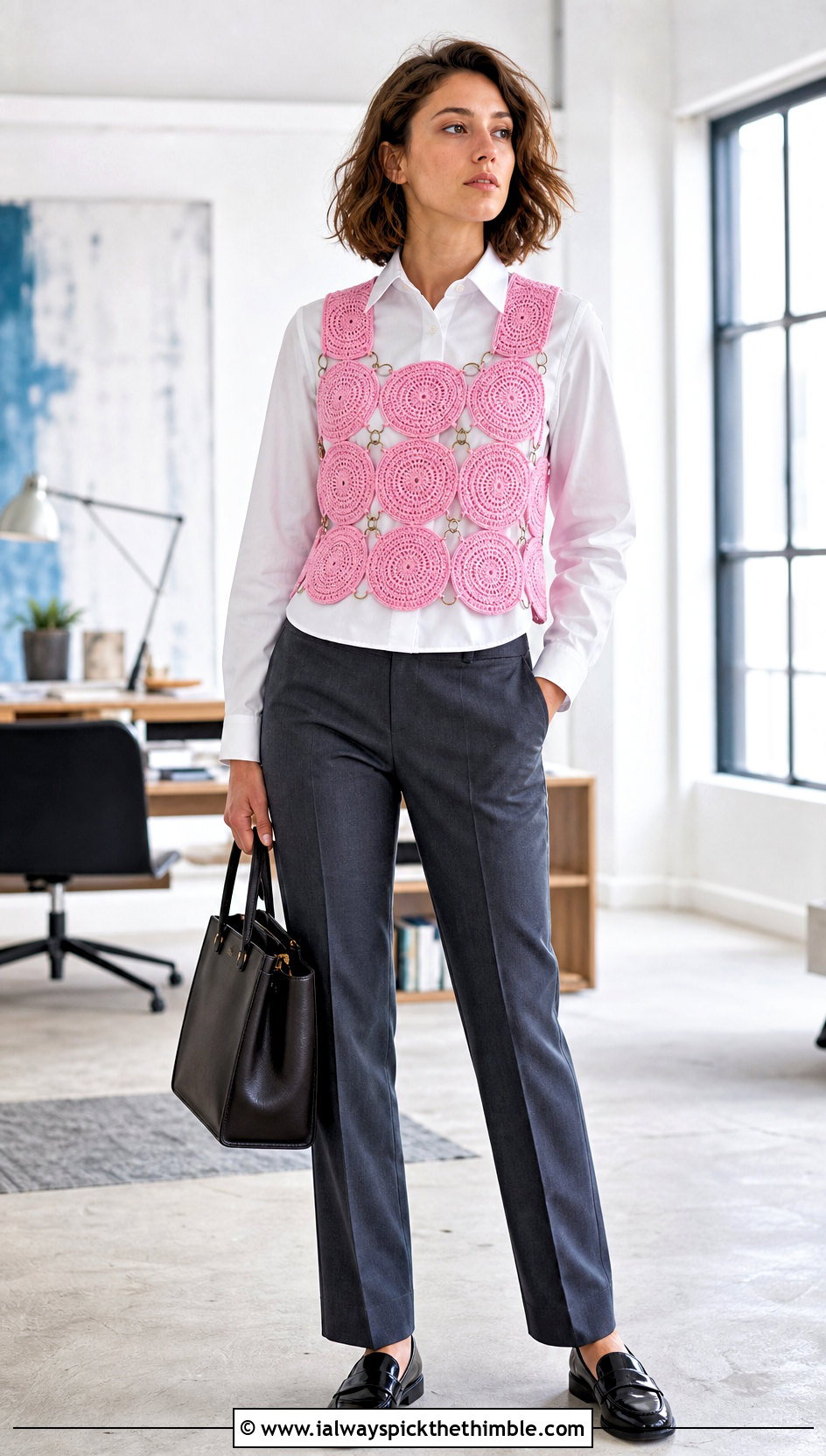 Ring Panel Crochet Vest Top Over A Poplin Shirt - 20 Crochet Top With Metal Ring outfit ideas