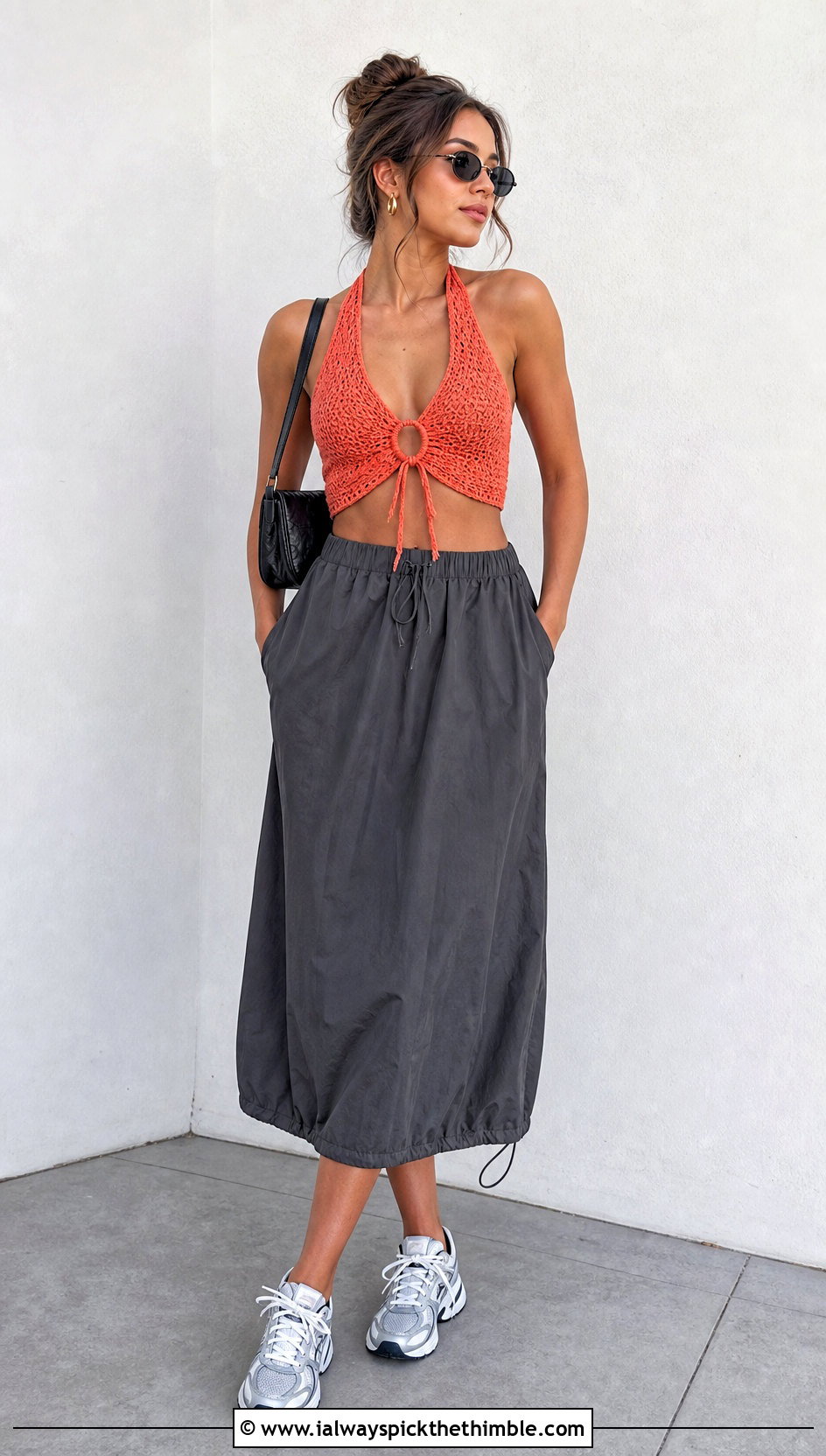 Ring Tie Front Crochet Top With Parachute Skirt - 20 Crochet Top With Metal Ring outfit ideas