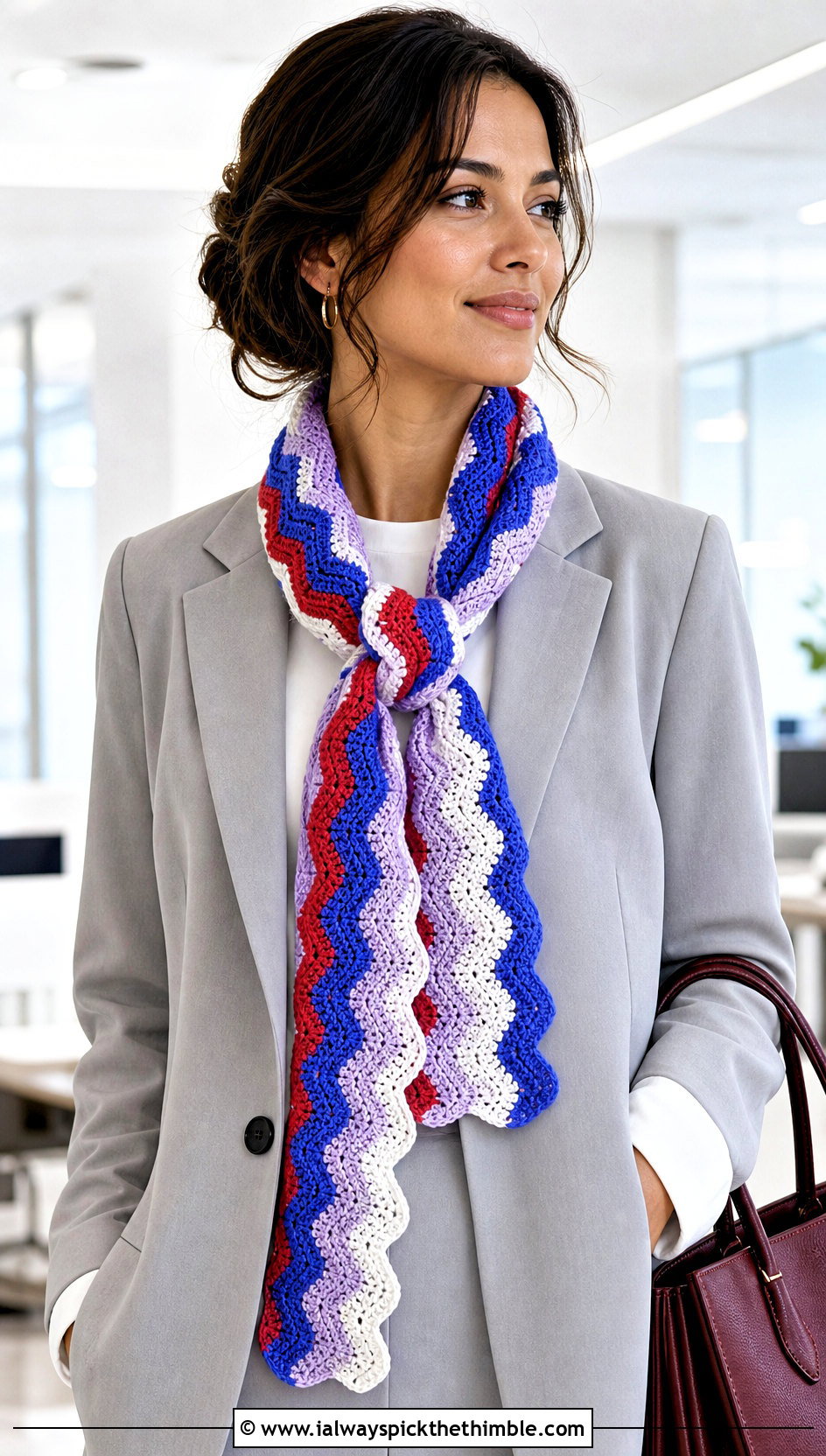 Ripple Crochet Candy Scarf With Blazer And Trousers - 15 crochet candy scarf outfit ideas