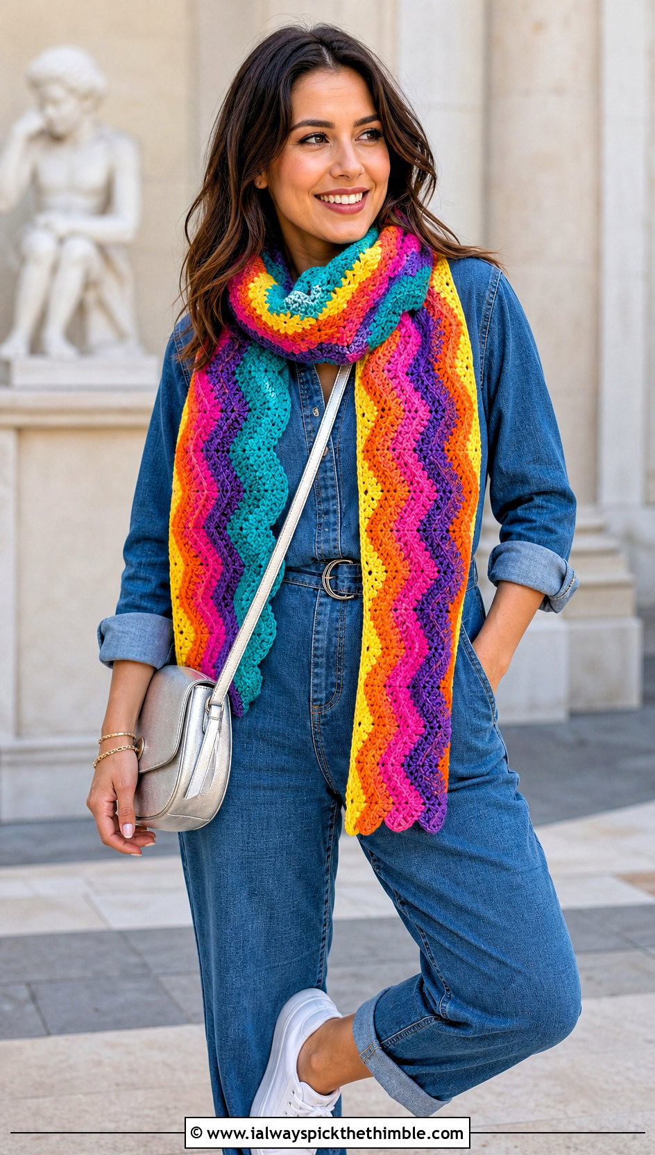 Ripple Crochet Rainbow Scarf With Denim Jumpsuit And Sneakers - 15 Crochet Rainbow Scarf outfit ideas