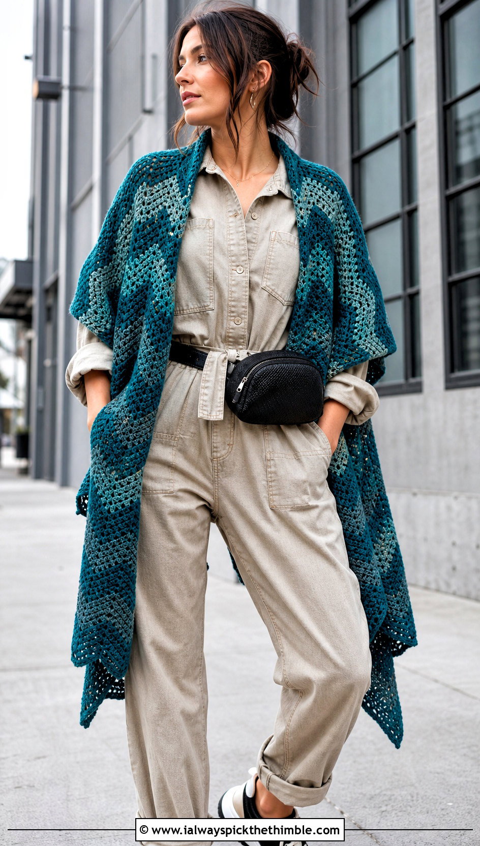 Ripple Crochet Shawl With Utility Jumpsuit - 20 Spring Crochet Shawl outfit ideas
