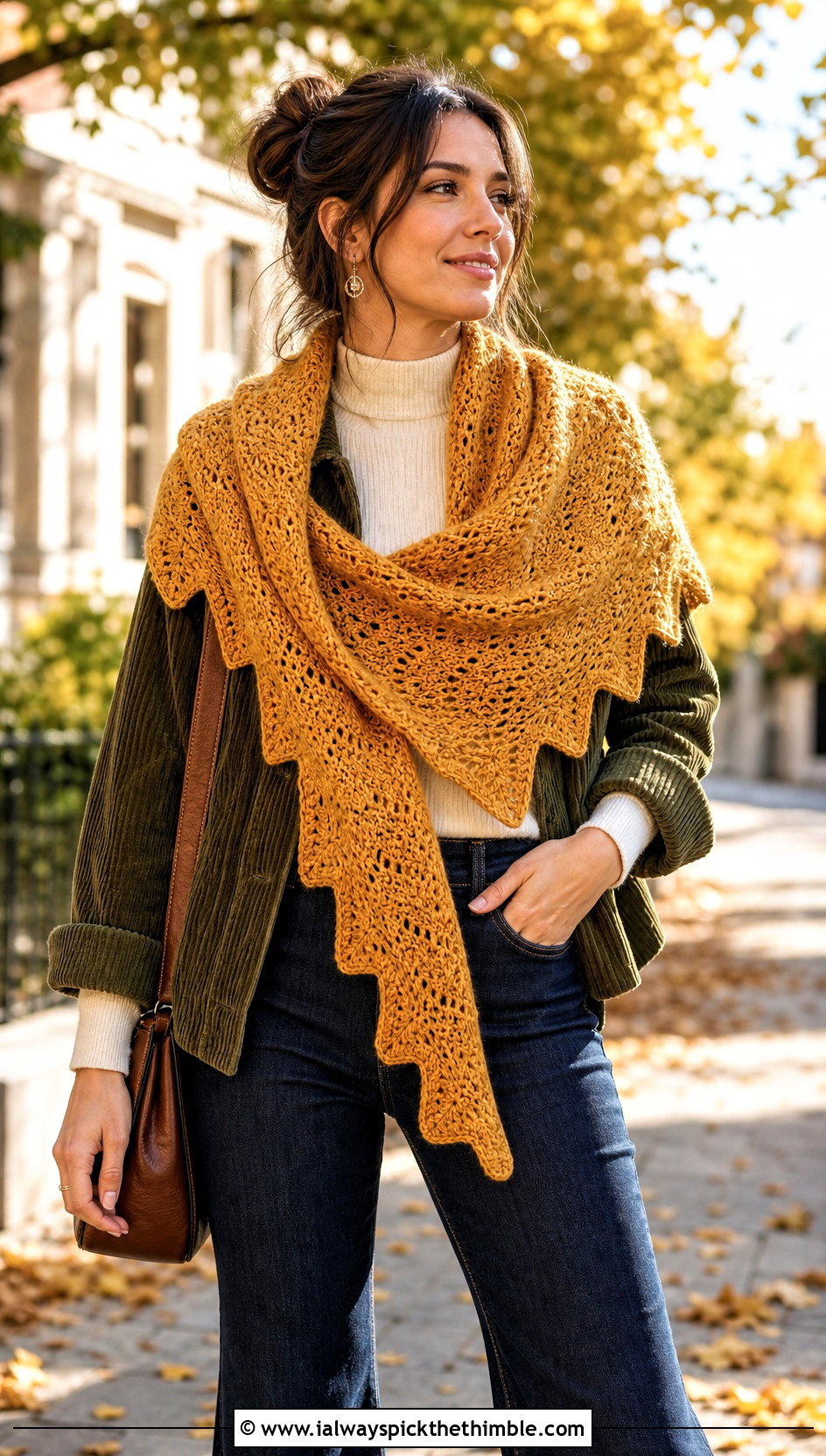 Ripple Crochet Triangle Shawl With Corduroy Jacket And Flared Jeans - 25 crochet triangle shawl outfit ideas