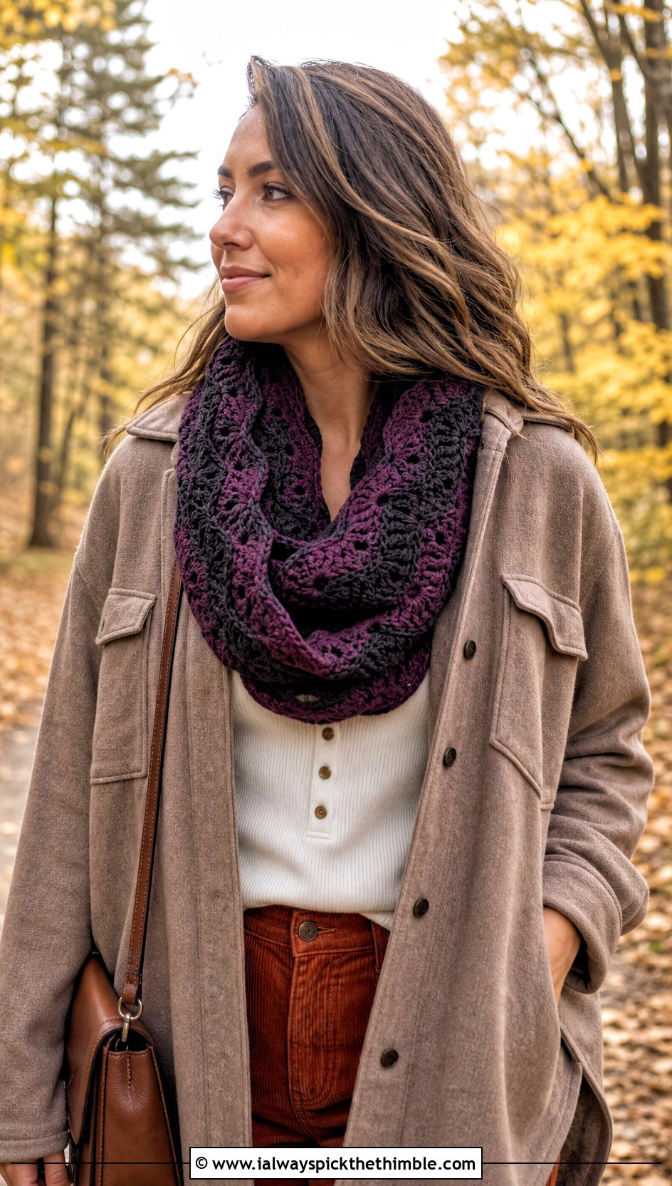 Ripple Infinity Crochet Scarf With Shacket and Corduroy Pants - 20 wavy crochet scarf outfit ideas