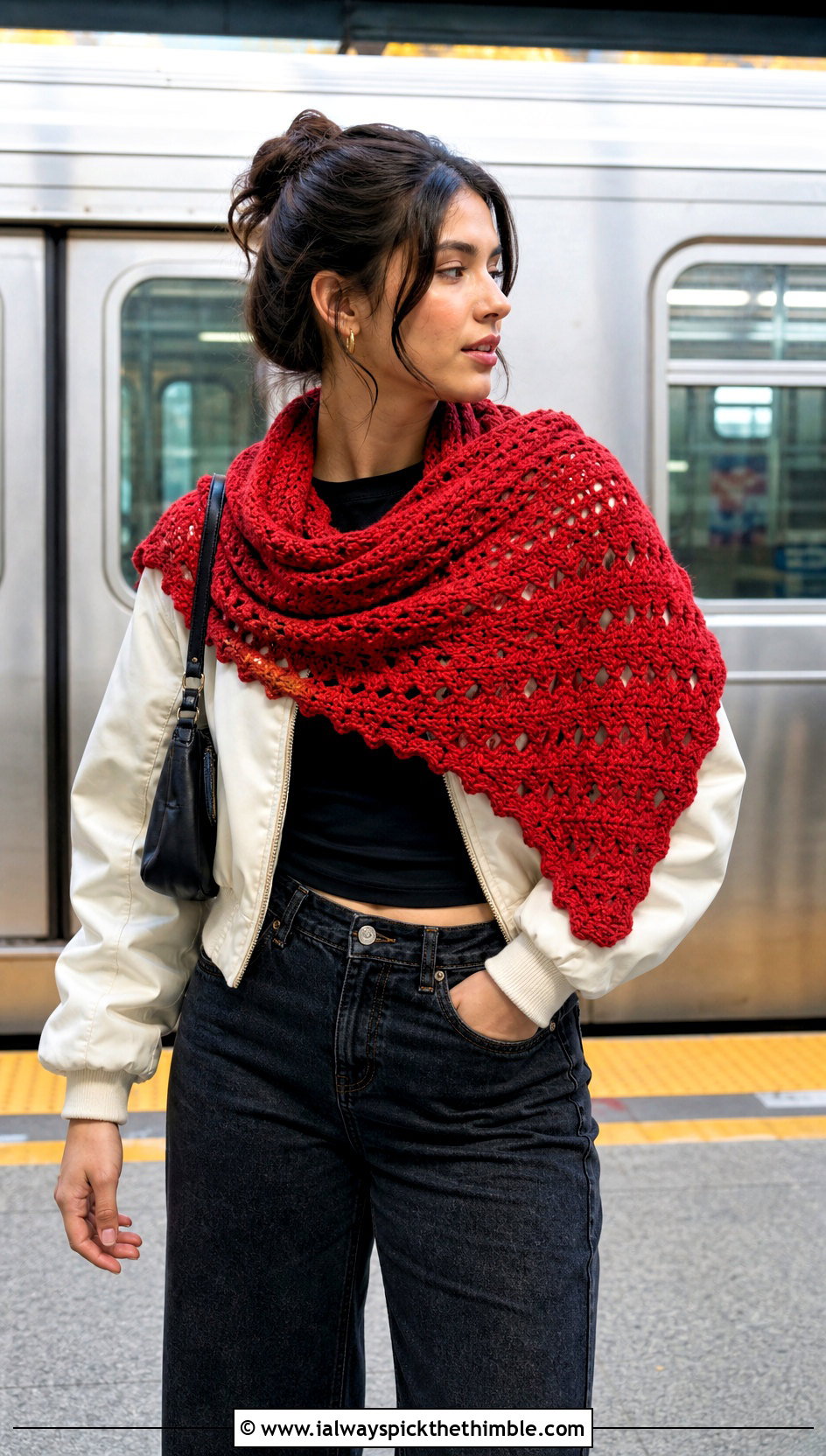 Ripple Stitch Crescent Crochet Shawl With Bomber Jacket - 20 Crescent Crochet Shawl outfit ideas