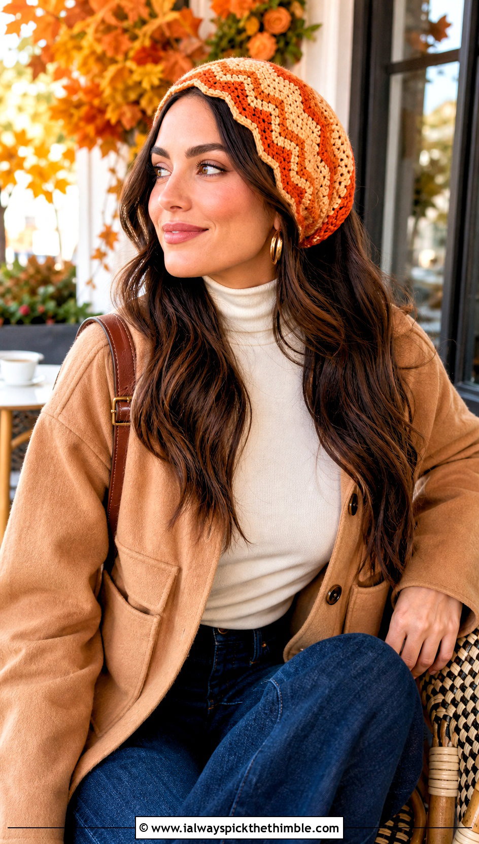Ripple Stitch Crochet Hair Wrap With Shacket And Flared Jeans - 20 crochet hair wraps outfit ideas