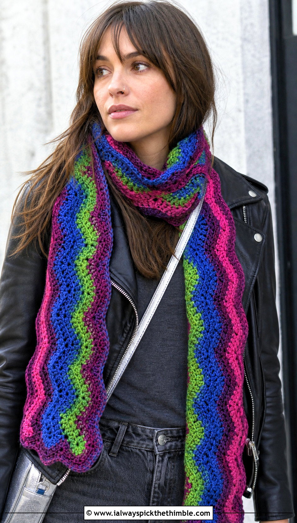 Ripple Stitch Crochet Scarf With Leather Jacket - 20 multi colored crochet scarf outfit ideas
