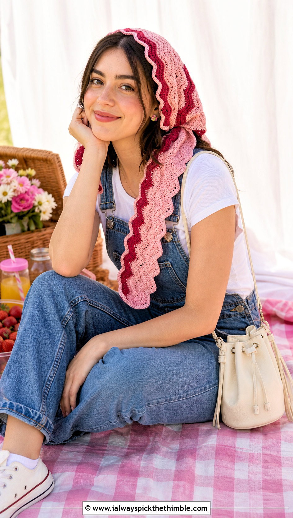 Ripple Stitch Crochet Summer Scarf With Denim Overalls - 25 summer crochet scarf outfit ideas
