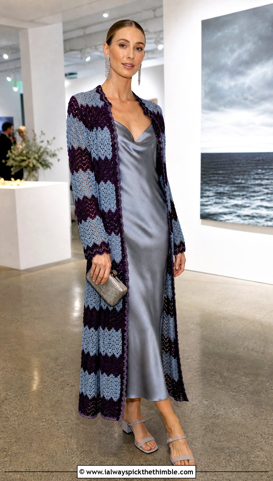 Ripple Stitch Duster Jacket With Satin Slip Dress - 15 Colorful Crochet Jacket Design outfit ideas