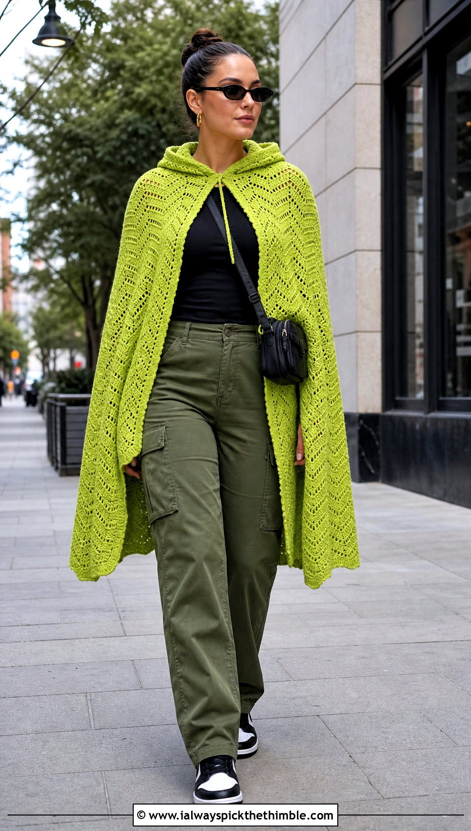 Ripple Stitch Hooded Crochet Cape With Cargo Pants - 20 Hooded Crochet Cape outfit ideas
