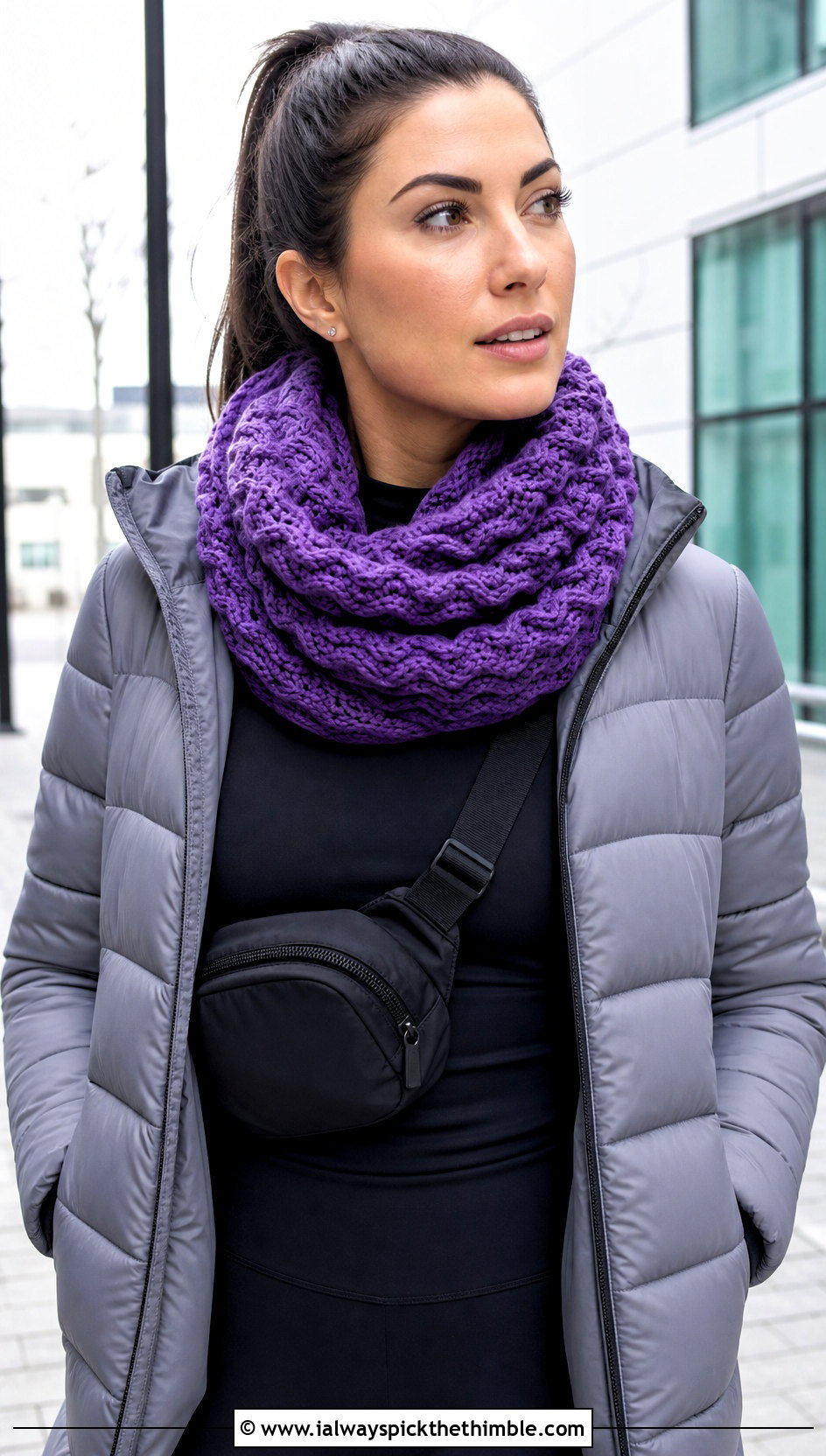 Ripple Stitch Infinity Scarf With Puffer Jacket And Leggings - 15 ripple stitch crochet scarf outfit ideas