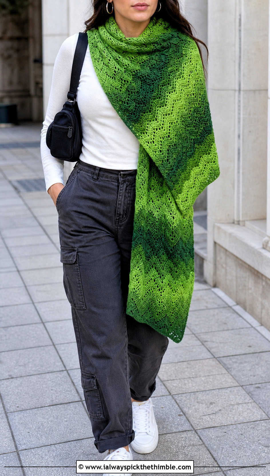 Ripple Stitch Rectangle Crochet Shawl With Cargo Pants - 20 Rectangle Crochet Shawl outfit ideas
