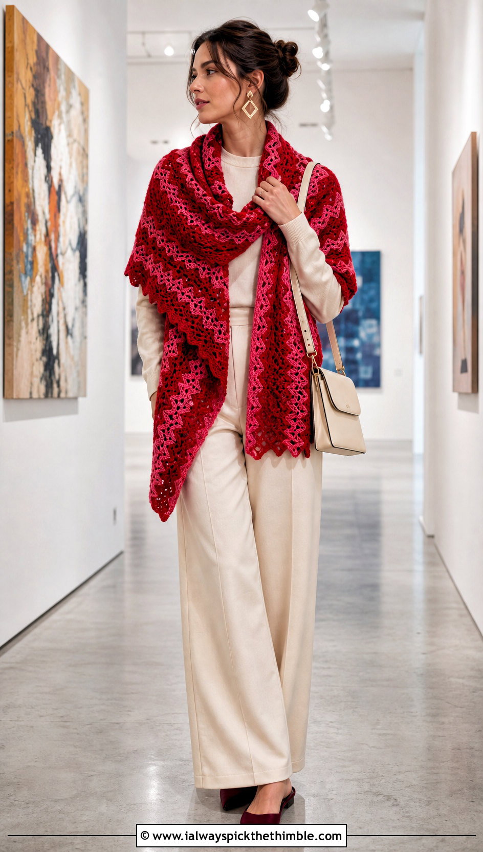Ripple Stitch Rectangle Crochet Shawl With Monochrome Separates - 20 Easy Rectangle Crochet Shawl outfit ideas