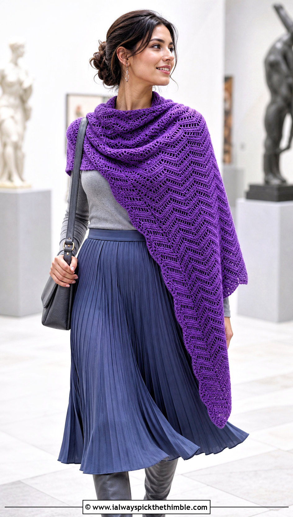 Ripple Stitch Rectangular Shawl With Pleated Skirt - 20 crochet rectangular shawl outfit ideas