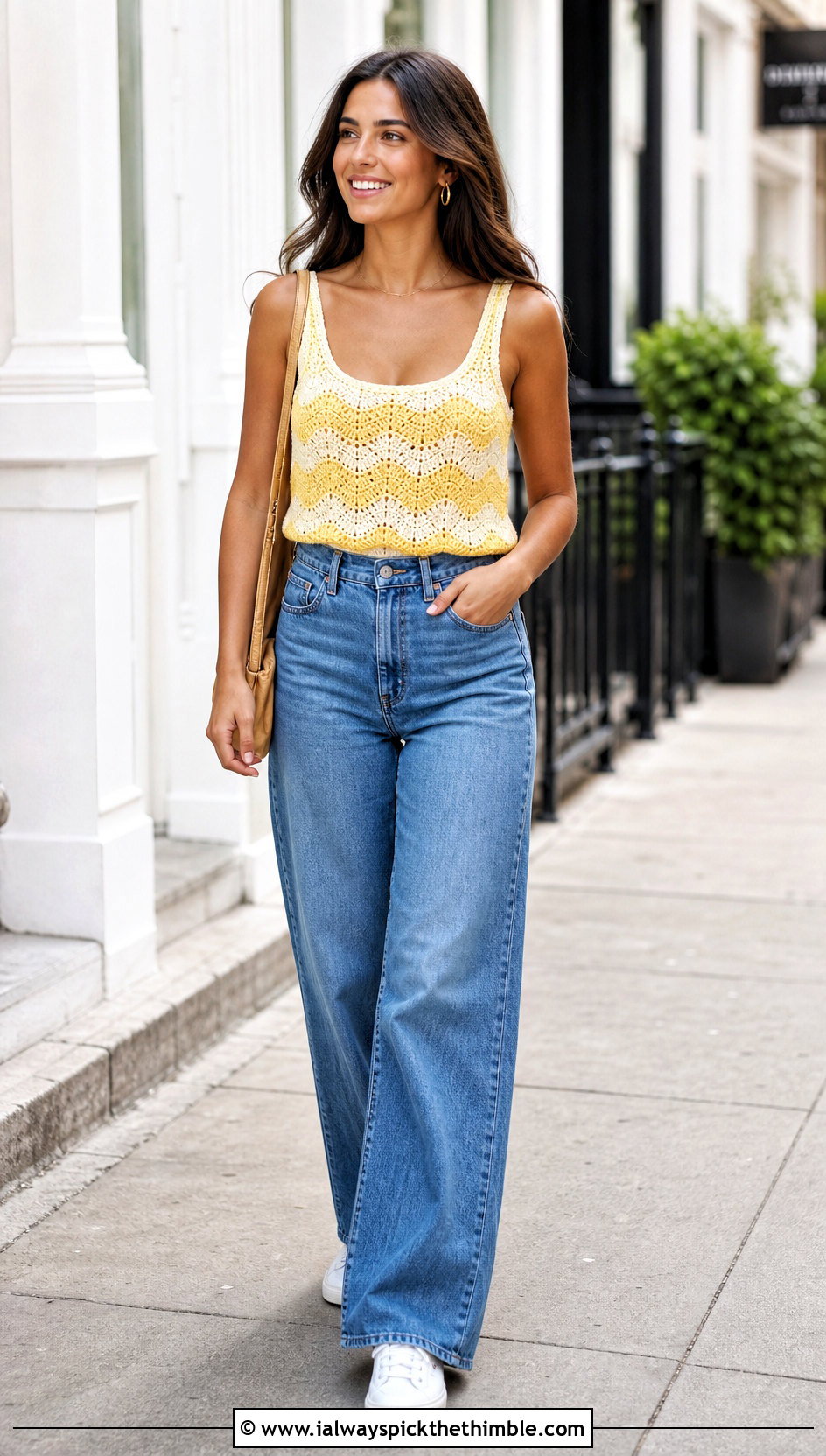 Ripple Stripe Crochet Tank Top With Wide Leg Jeans - 20 wavy crochet top outfit ideas