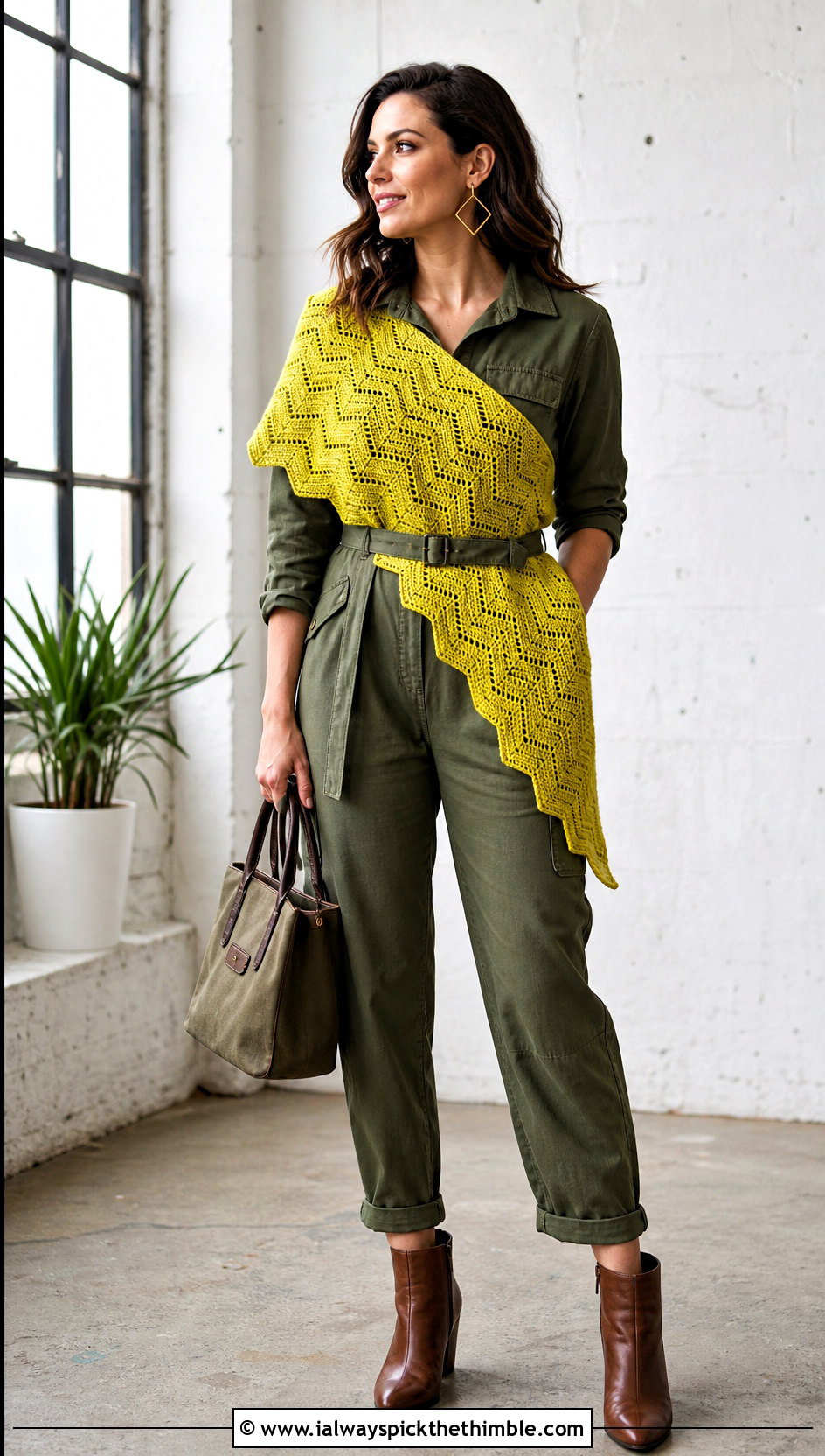 Ripple Triangle Shawl With Utility Jumpsuit And Boots - 20 easy crochet triangle shawl outfit ideas