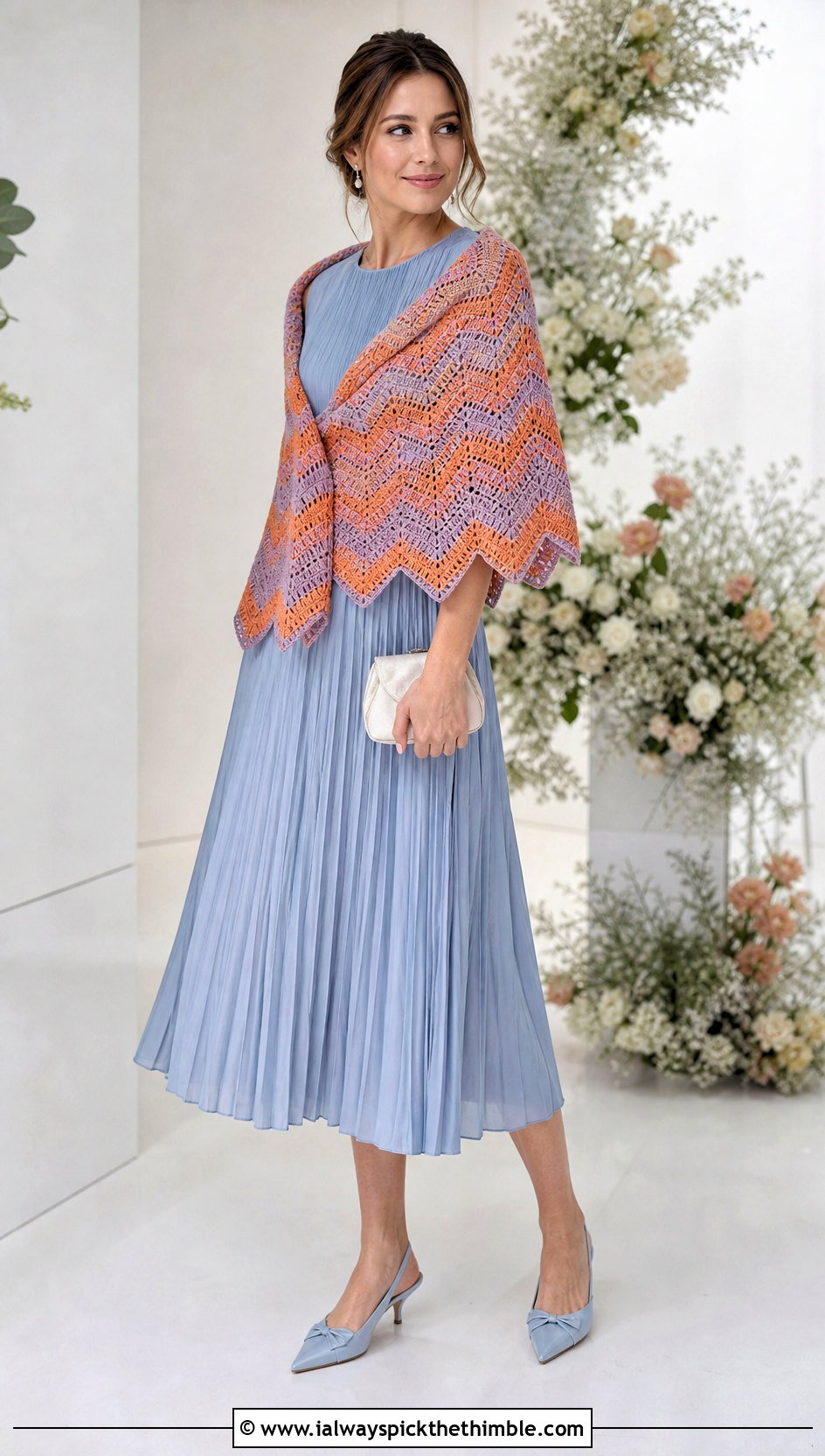 Ripple Triangular Crochet Shawl With Pleated Midi Dress - 20 triangular crochet shawl outfit ideas