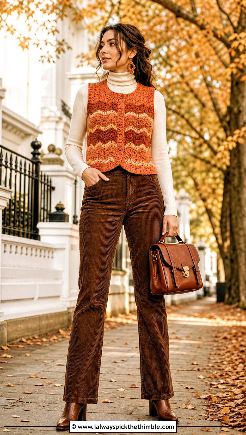 Ripple Vintage Crochet Vest With Corduroy Pants - 20 Vintage Crochet Vest outfit ideas