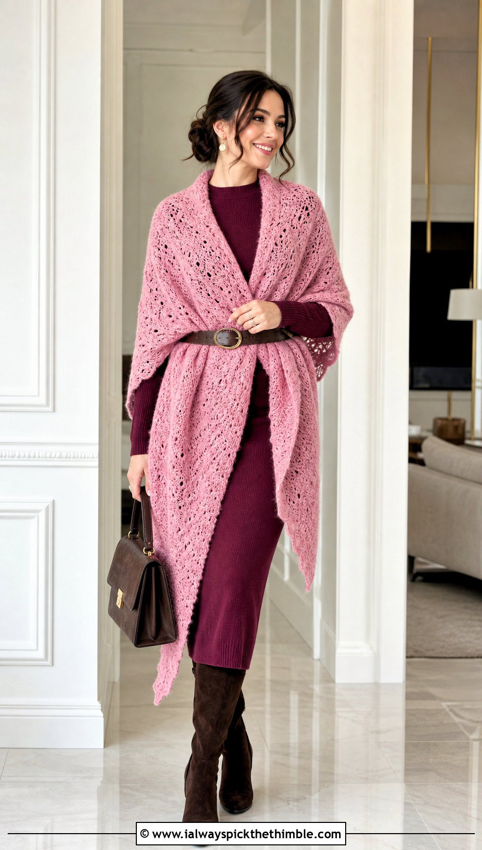 River Run Brushed Crochet Outlander Shawl With Knit Dress - 25 crochet outlander shawl outfit ideas