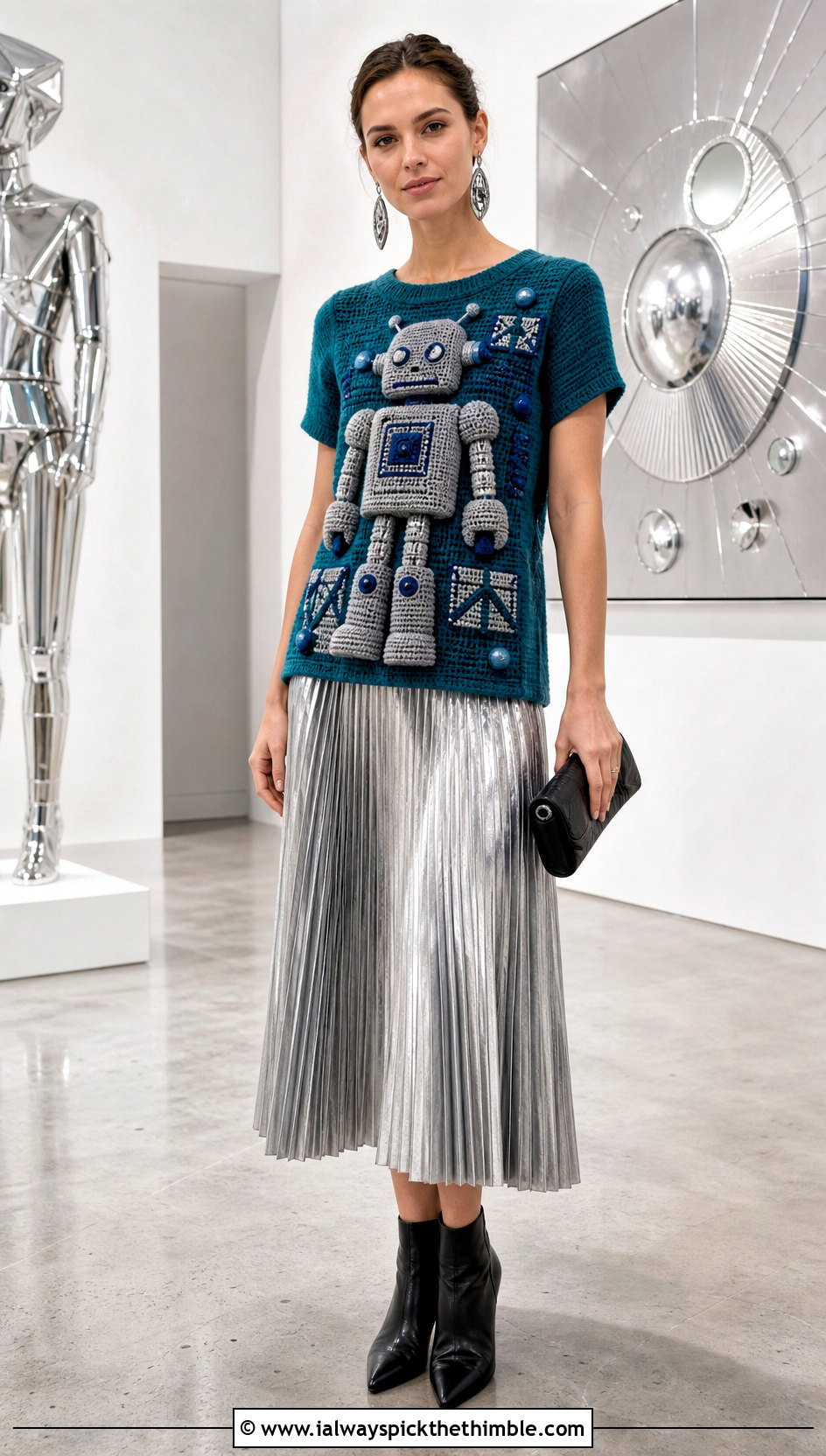 Robot Amigurumi Shirt With Metallic Midi Skirt - 20 Amigurumi Shirt outfit ideas
